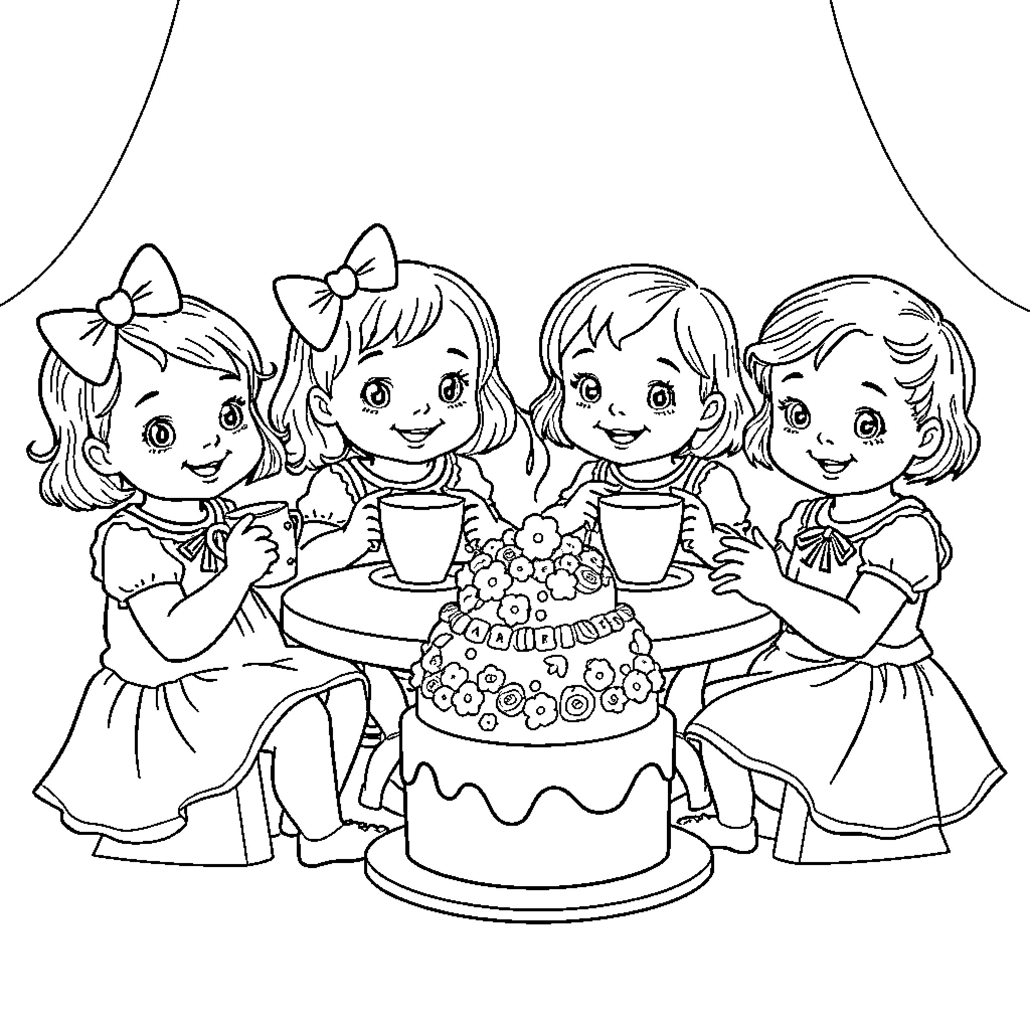 Baby Girl Birthday Celebration with Friends Coloring Page (free black-and-white line drawing printable PDF for all, from beginners to advanced learners, including children, teens, adults, and seniors)