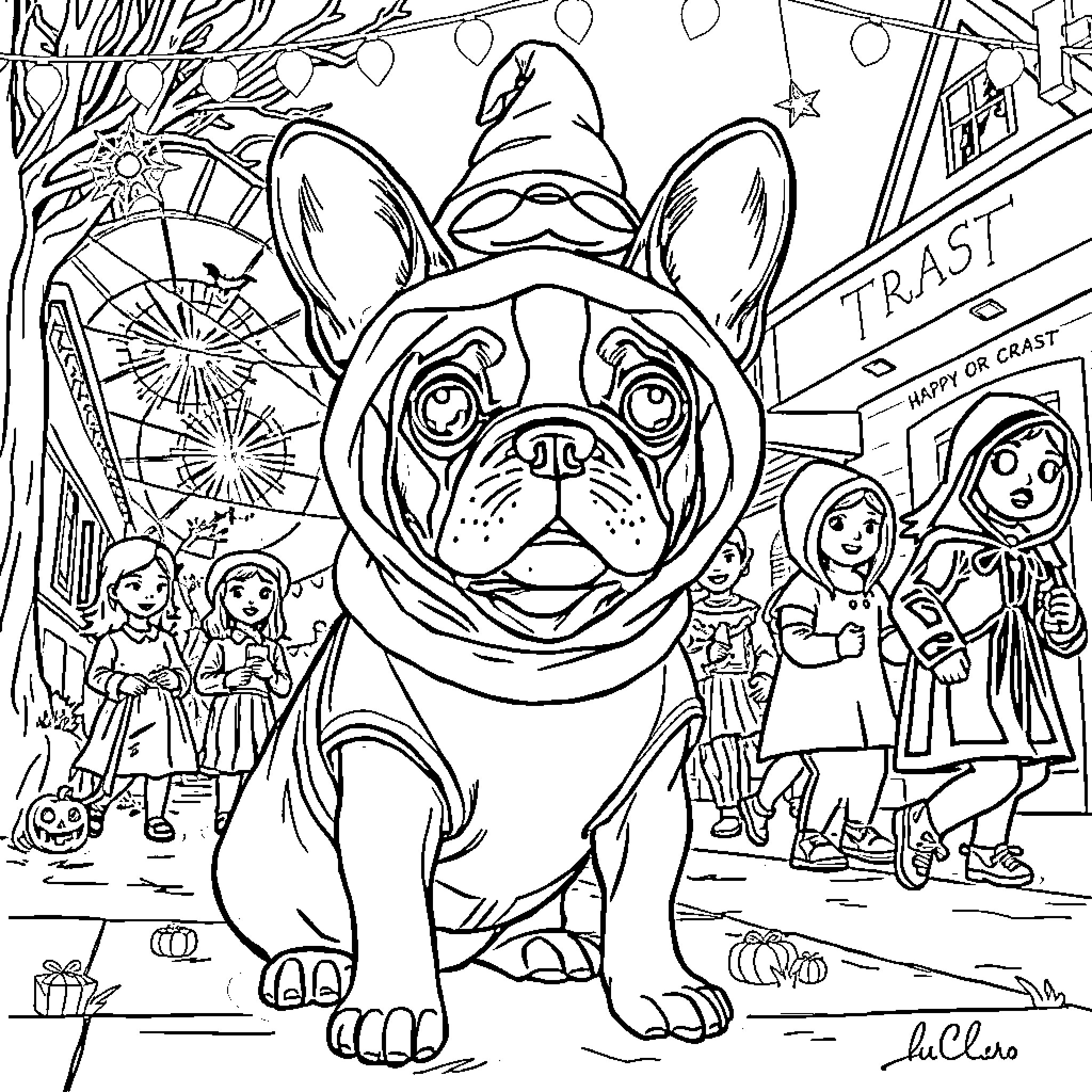 Frenchie celebrating the holidays with festive decorations Coloring Page (free black-and-white line drawing printable PDF for all, from beginners to advanced learners, including children, teens, adults, and seniors)
