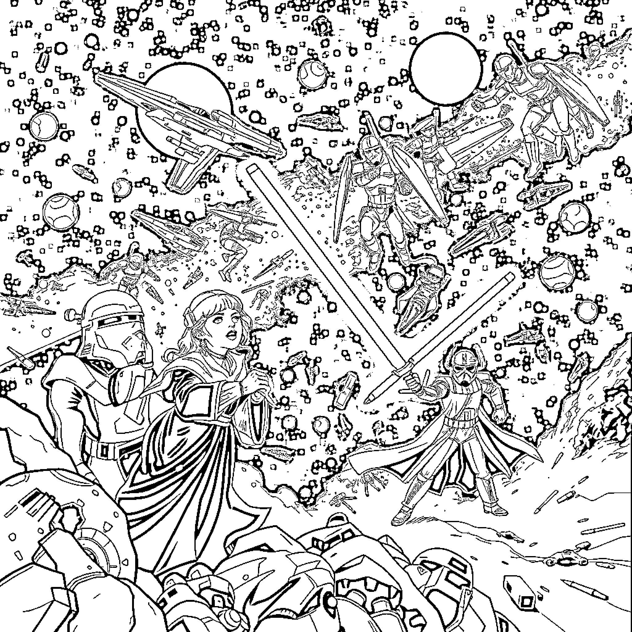 Star Wars: Epic Galactic Battle and Exploration Coloring Page (free black-and-white line drawing printable PDF for all, from beginners to advanced learners, including children, teens, adults, and seniors)