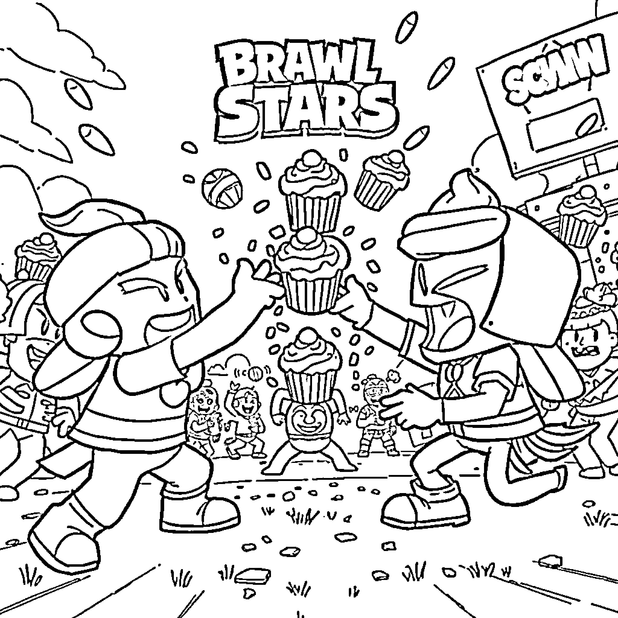 Brawl Stars - Whimsical Characters in Playful Gathering Coloring Page (free black-and-white line drawing printable PDF for all, from beginners to advanced learners, including children, teens, adults, and seniors)