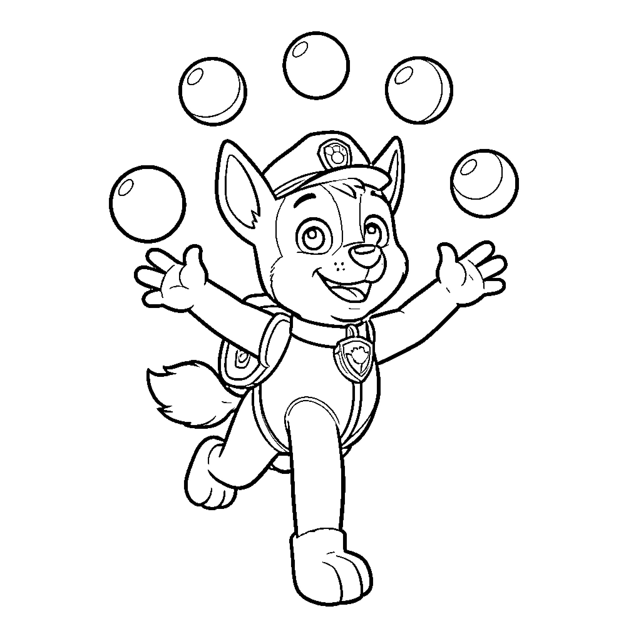 Chase juggling bubbles with a joyful expression Coloring Page (free black-and-white line drawing printable PDF for all, from beginners to advanced learners, including children, teens, adults, and seniors)