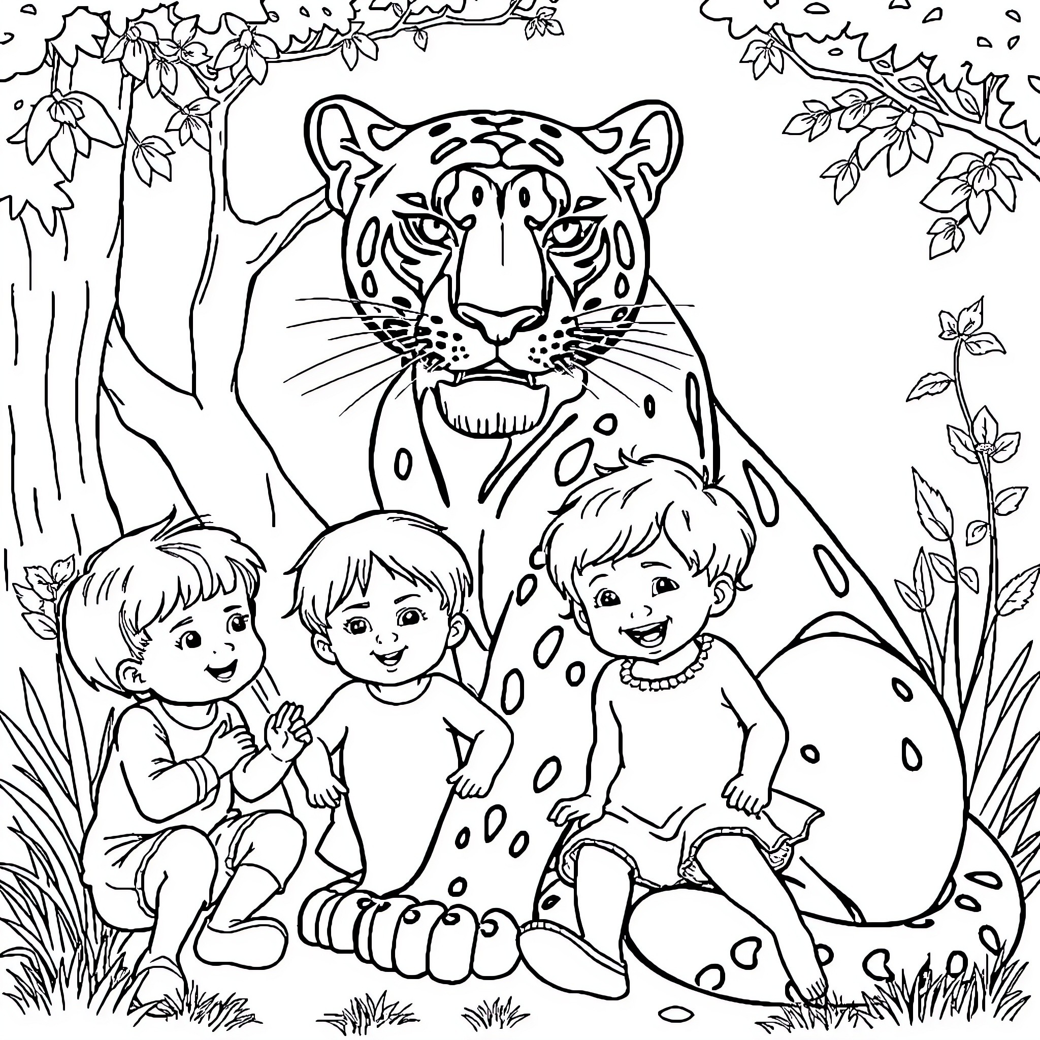 Panther and Children Playing in Forest Coloring Page (free black-and-white line drawing printable PDF for all, from beginners to advanced learners, including children, teens, adults, and seniors)