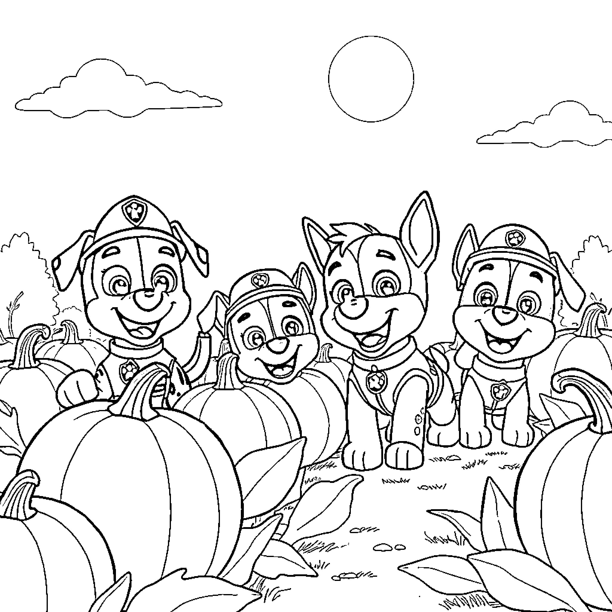 Paw Patrol pups on Halloween adventure Coloring Page (free black-and-white line drawing printable PDF for all, from beginners to advanced learners, including children, teens, adults, and seniors)