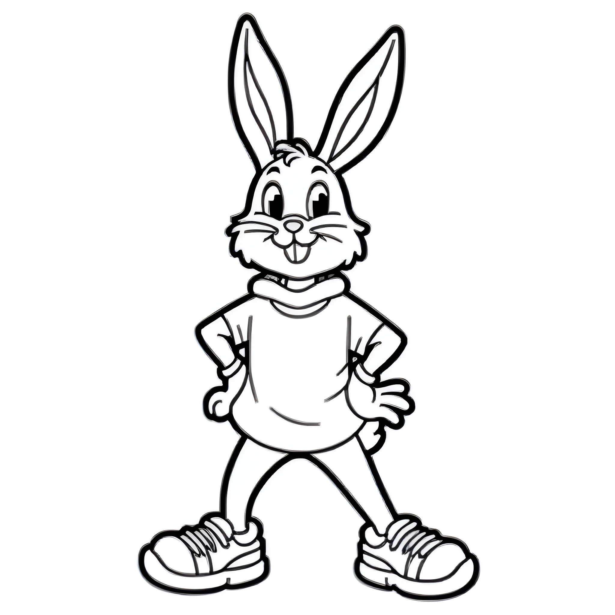 Bugs Bunny standing happily in his outfit Coloring Page (free black-and-white line drawing printable PDF for all, from beginners to advanced learners, including children, teens, adults, and seniors)