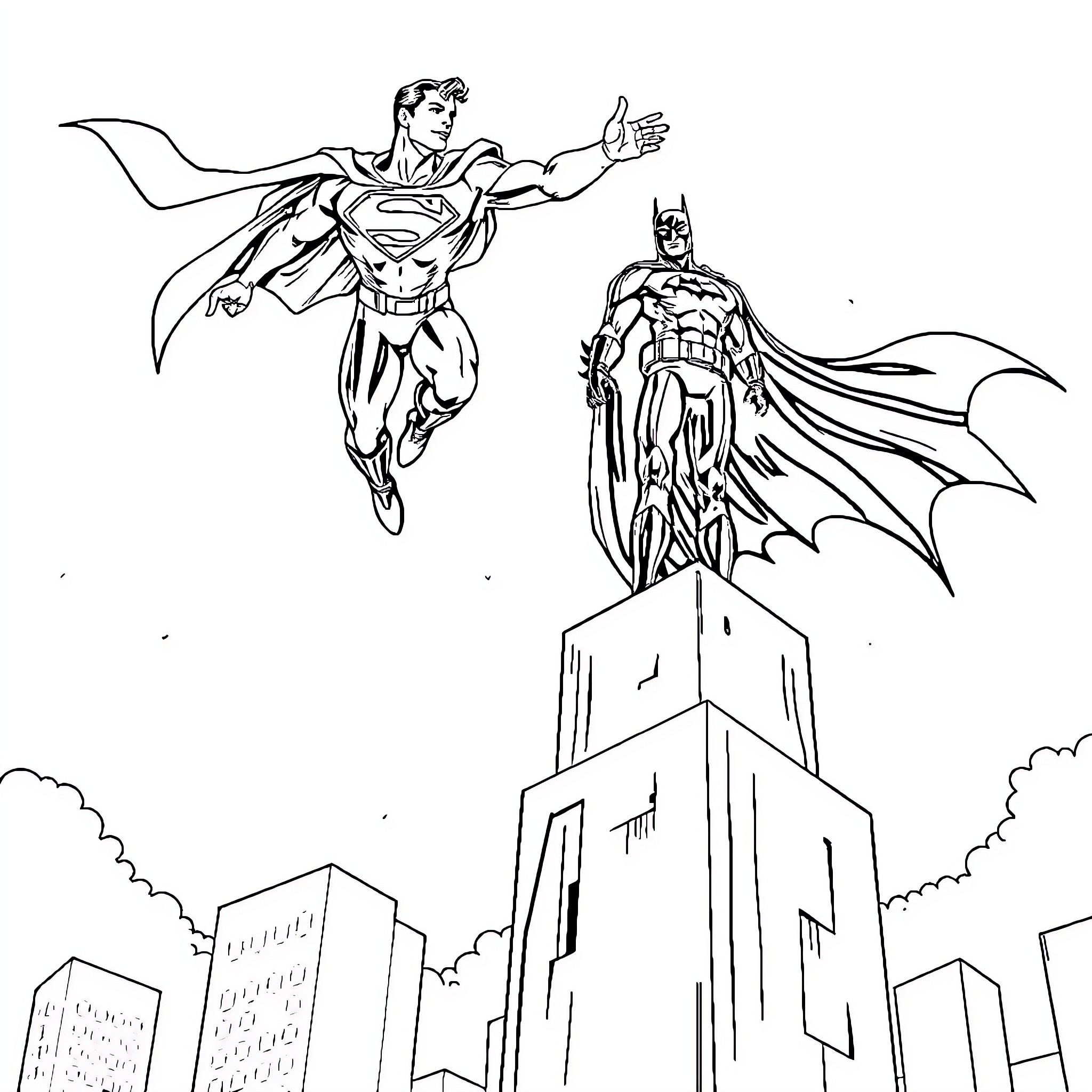 Superman and Batman in heroic poses over city skyline Coloring Page (free black-and-white line drawing printable PDF for all, from beginners to advanced learners, including children, teens, adults, and seniors)