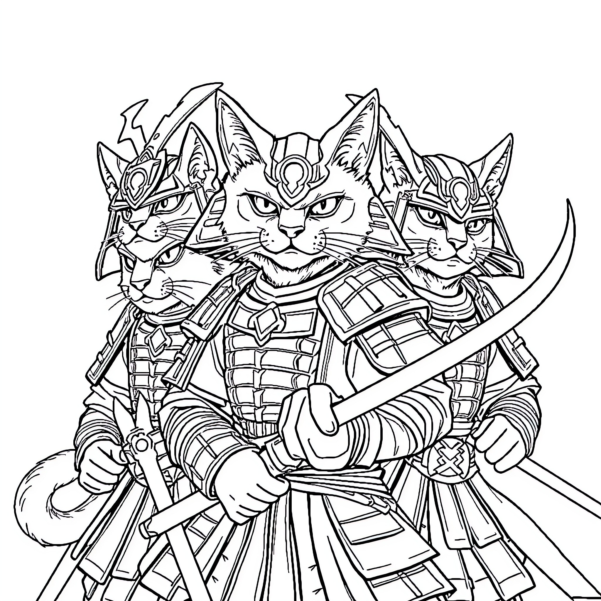 Cat warriors in battle regalia Coloring Page (free black-and-white line drawing printable PDF for all, from beginners to advanced learners, including children, teens, adults, and seniors)