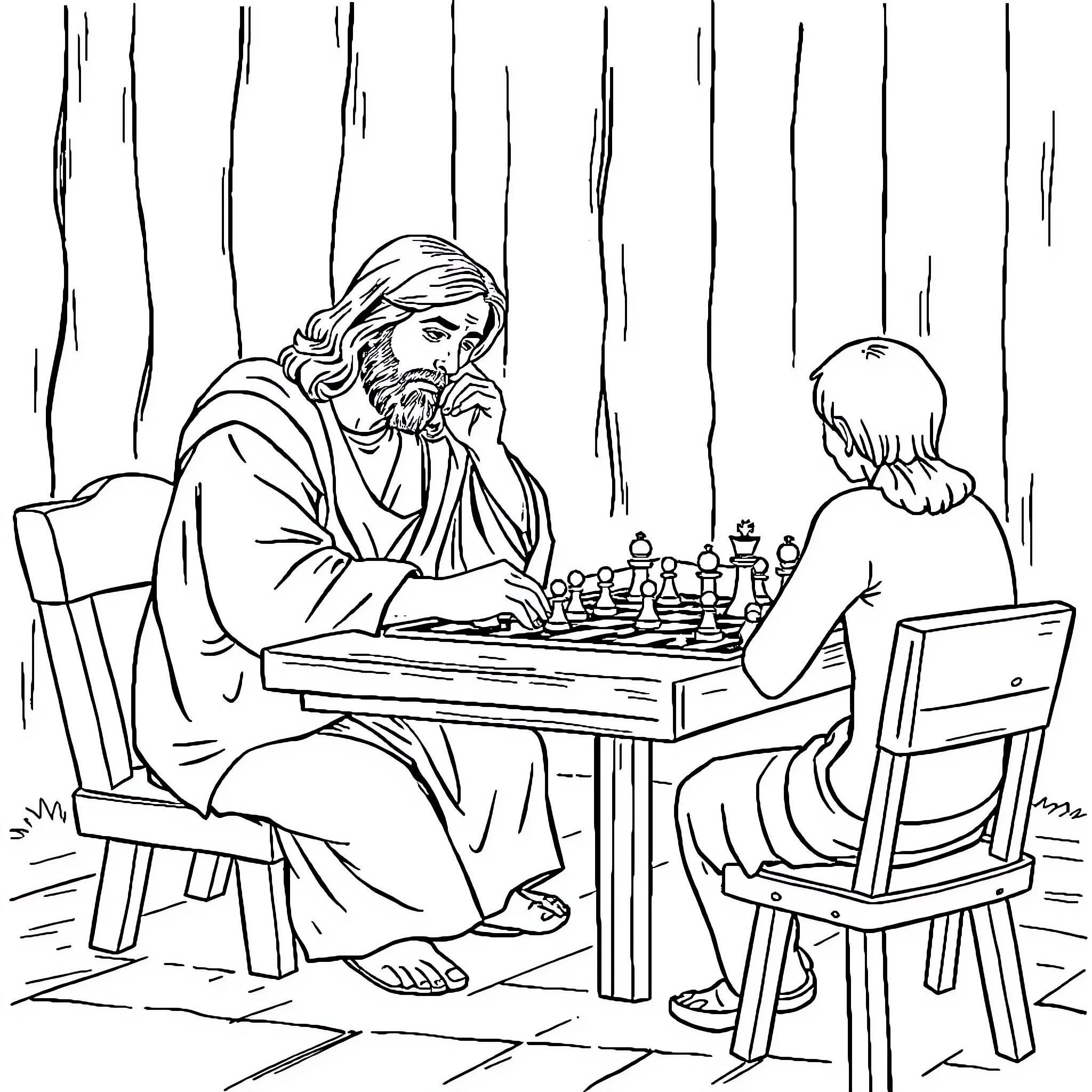 Jesus Plays Chess with a Young Disciple Coloring Page (free black-and-white line drawing printable PDF for all, from beginners to advanced learners, including children, teens, adults, and seniors)