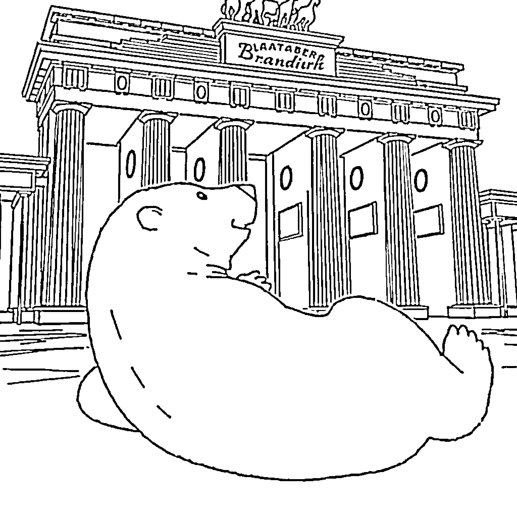 Bear exploring the Brandish landmark Coloring Page (free black-and-white line drawing printable PDF for all, from beginners to advanced learners, including children, teens, adults, and seniors)