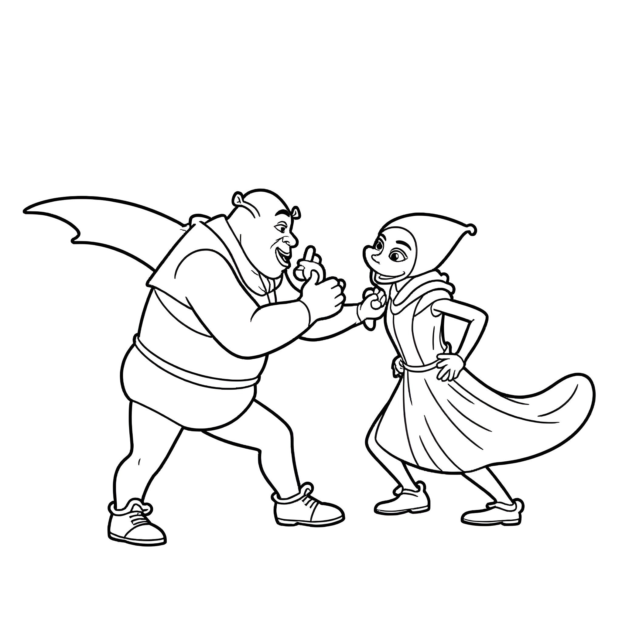 Shrek dancing with a fairy-like character Coloring Page (free black-and-white line drawing printable PDF for all, from beginners to advanced learners, including children, teens, adults, and seniors)