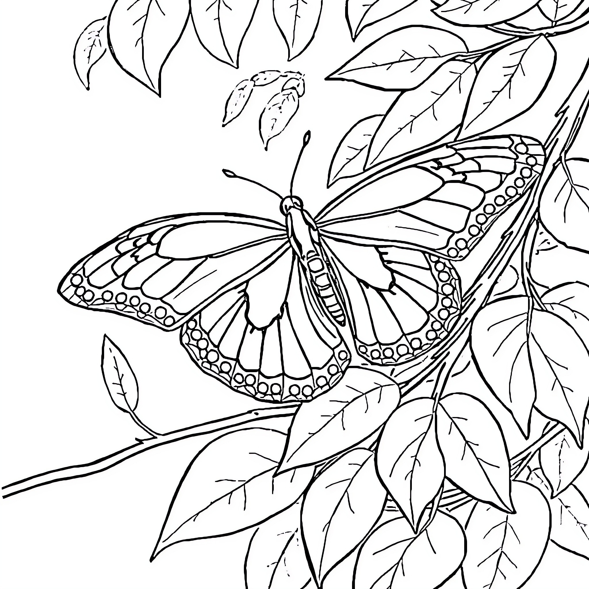 Butterfly resting on leafy branch Coloring Page (free black-and-white line drawing printable PDF for all, from beginners to advanced learners, including children, teens, adults, and seniors)