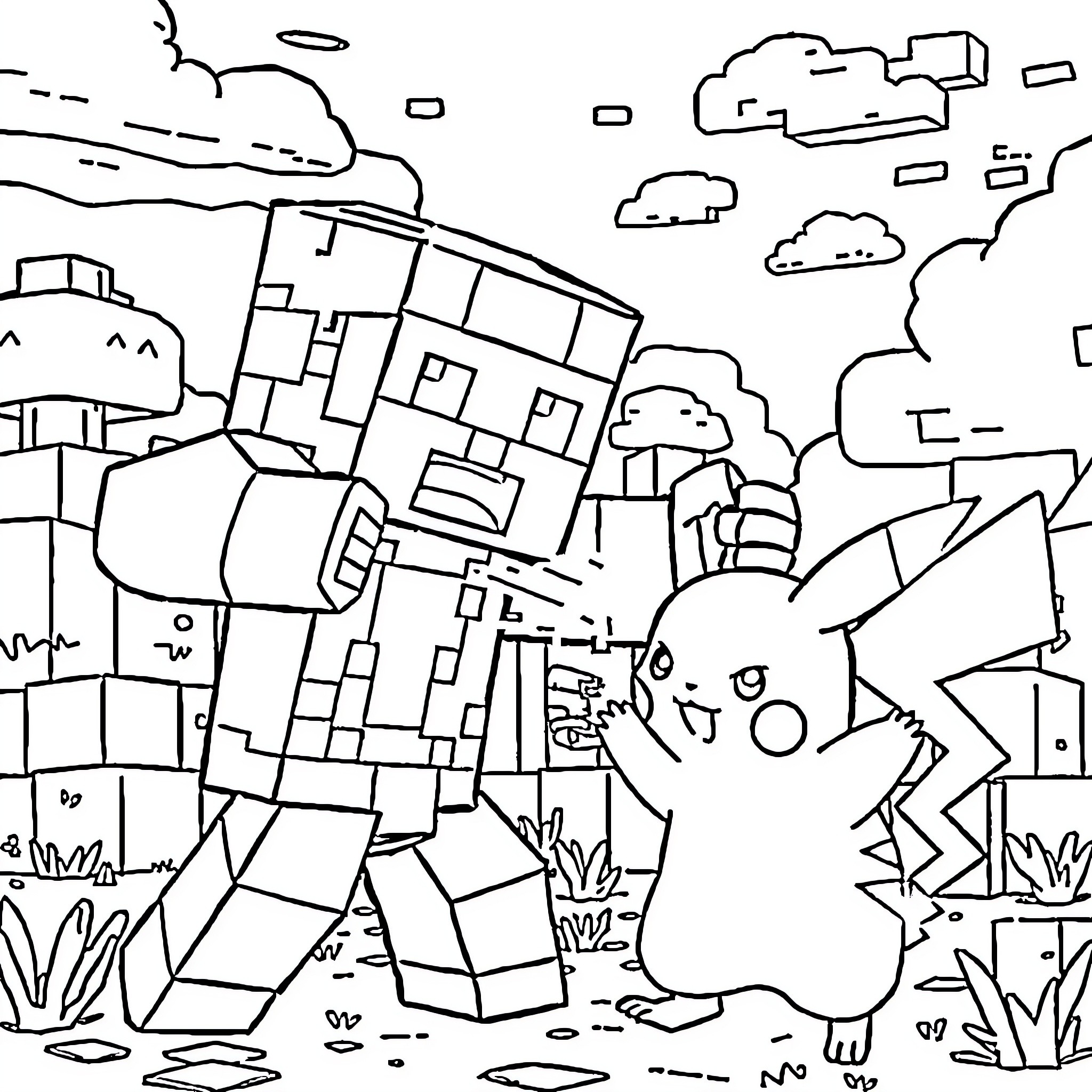 Minecraft characters exploring the blocky world Coloring Page (free black-and-white line drawing printable PDF for all, from beginners to advanced learners, including children, teens, adults, and seniors)