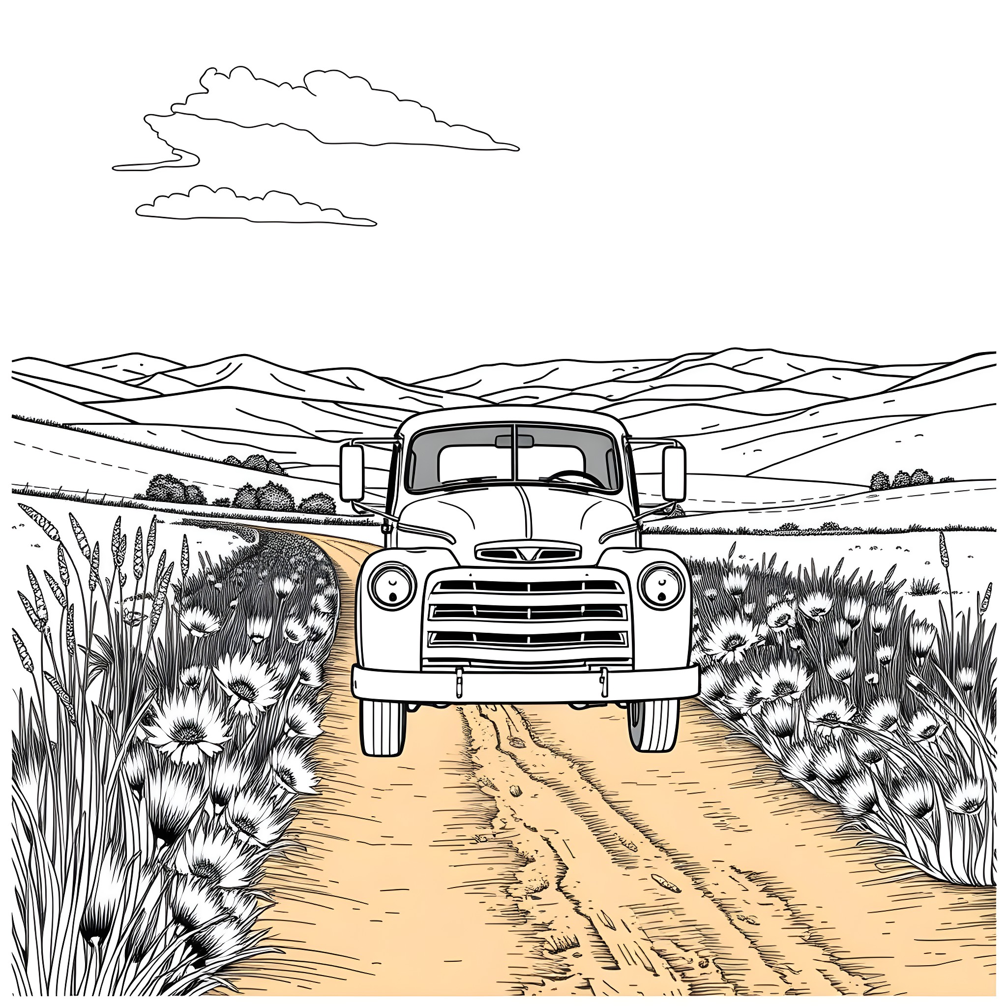 Truck travels along a rural country road Coloring Page (free black-and-white line drawing printable PDF for all, from beginners to advanced learners, including children, teens, adults, and seniors)