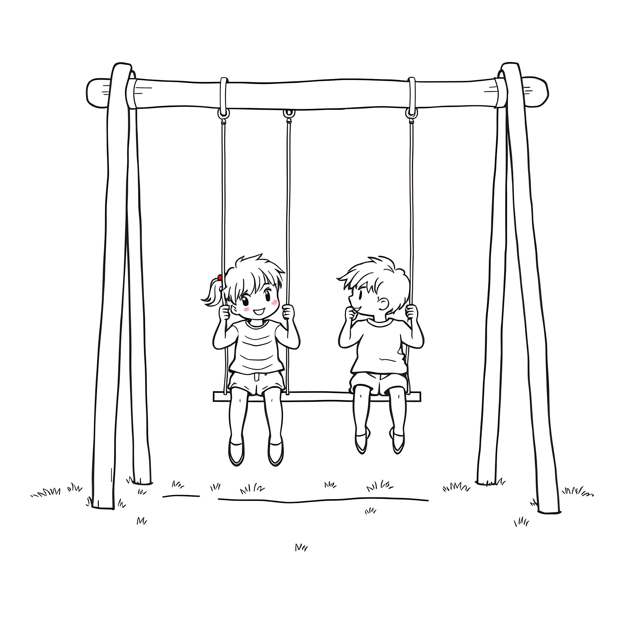 Kid playing happily on the swing set Coloring Page (free black-and-white line drawing printable PDF for all, from beginners to advanced learners, including children, teens, adults, and seniors)