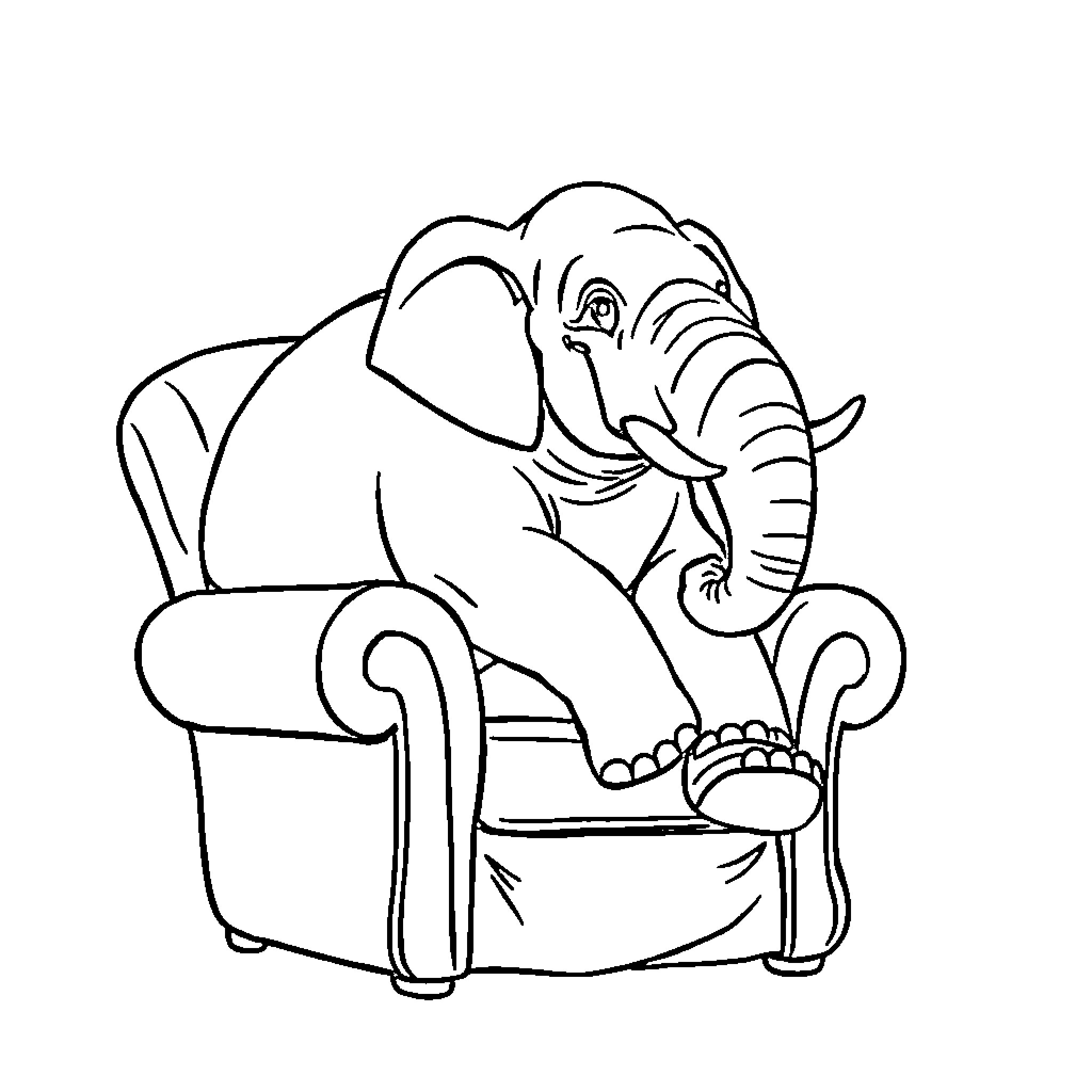 Elephant relaxing comfortably in armchair Coloring Page (free black-and-white line drawing printable PDF for all, from beginners to advanced learners, including children, teens, adults, and seniors)