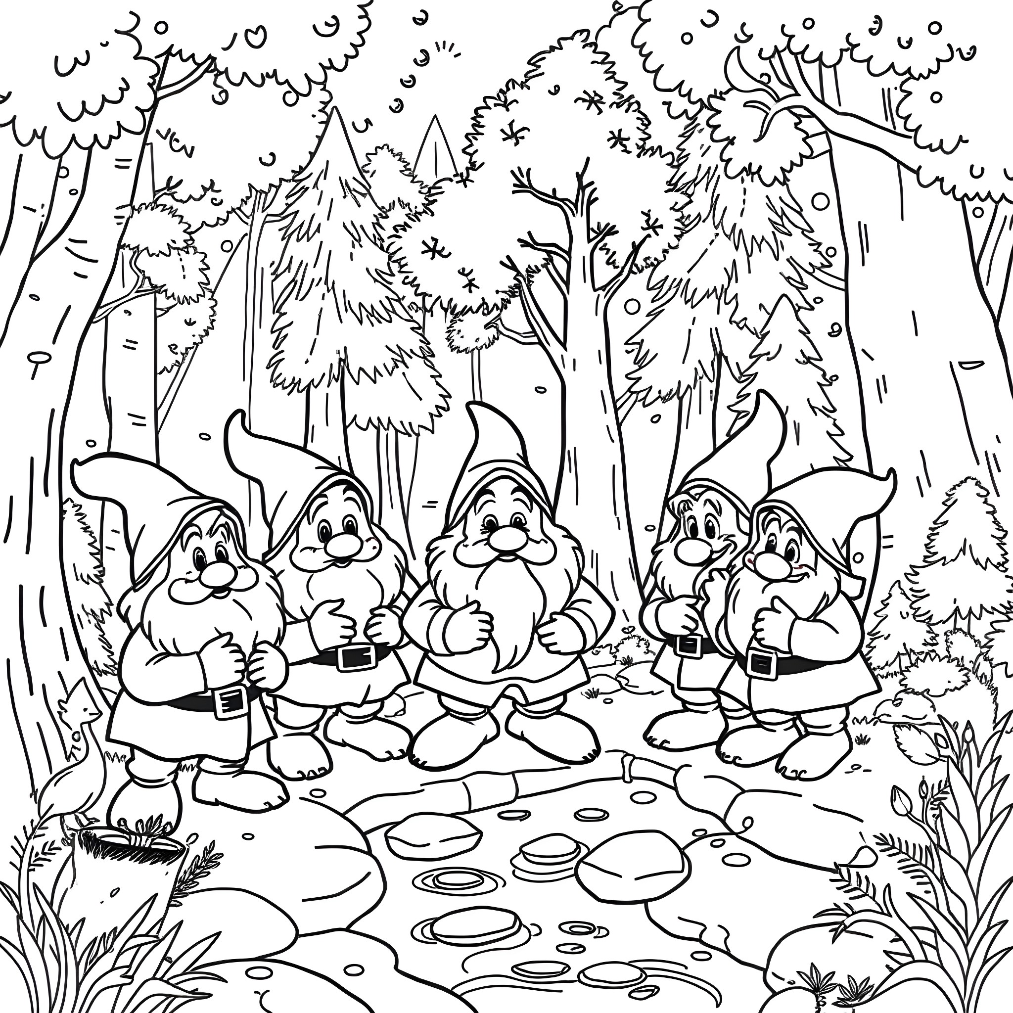 Dwarf characters gathered in a forest scene Coloring Page (free black-and-white line drawing printable PDF for all, from beginners to advanced learners, including children, teens, adults, and seniors)