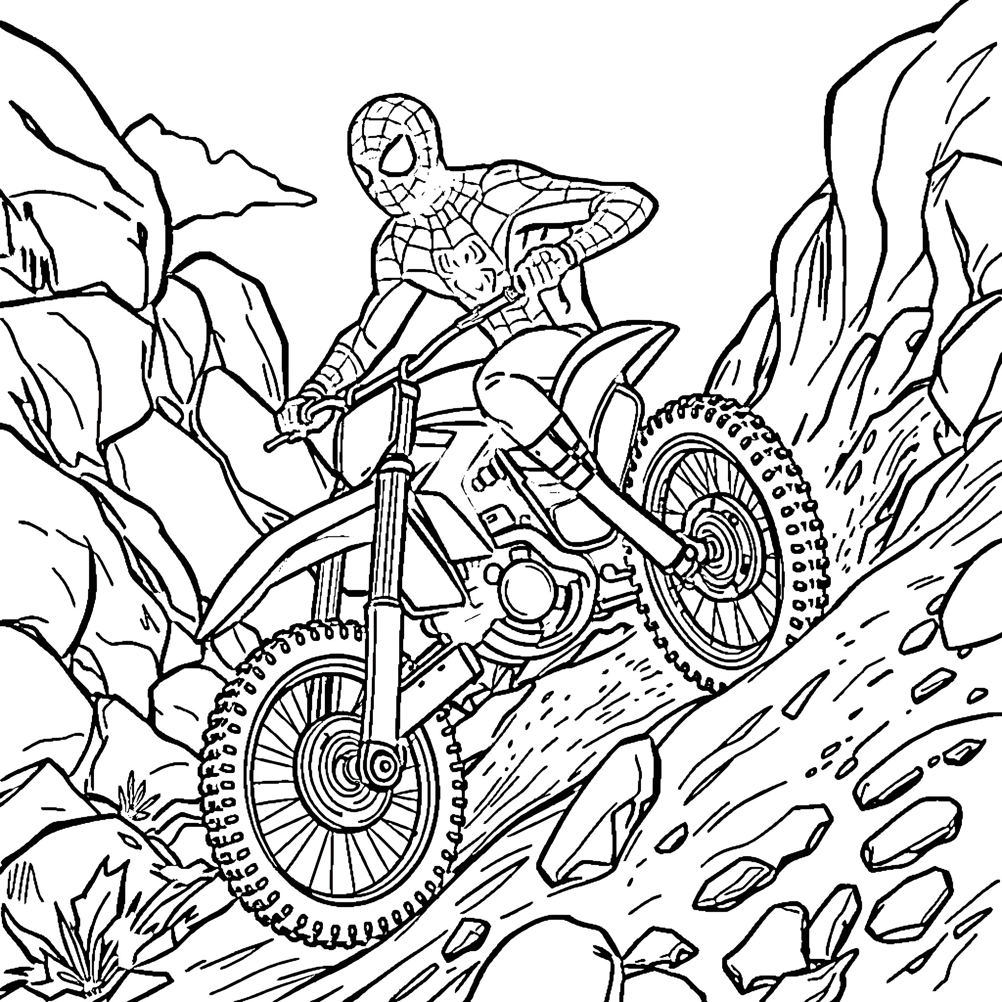 Spiderman Riding Dirt Bike Through Rugged Terrain Coloring Page (free black-and-white line drawing printable PDF for all, from beginners to advanced learners, including children, teens, adults, and seniors)