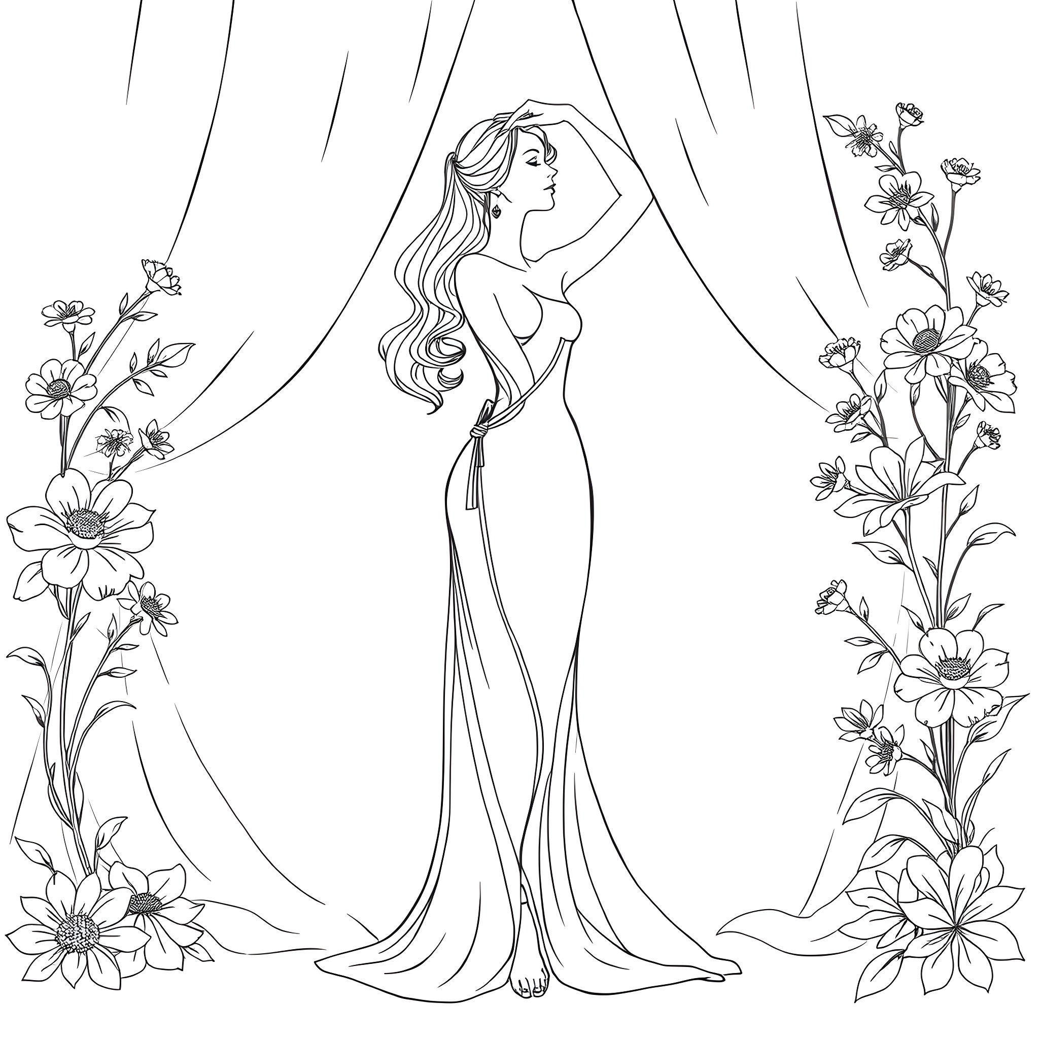 Woman in a flowing dress amidst floral scenery Coloring Page (free black-and-white line drawing printable PDF for all, from beginners to advanced learners, including children, teens, adults, and seniors)