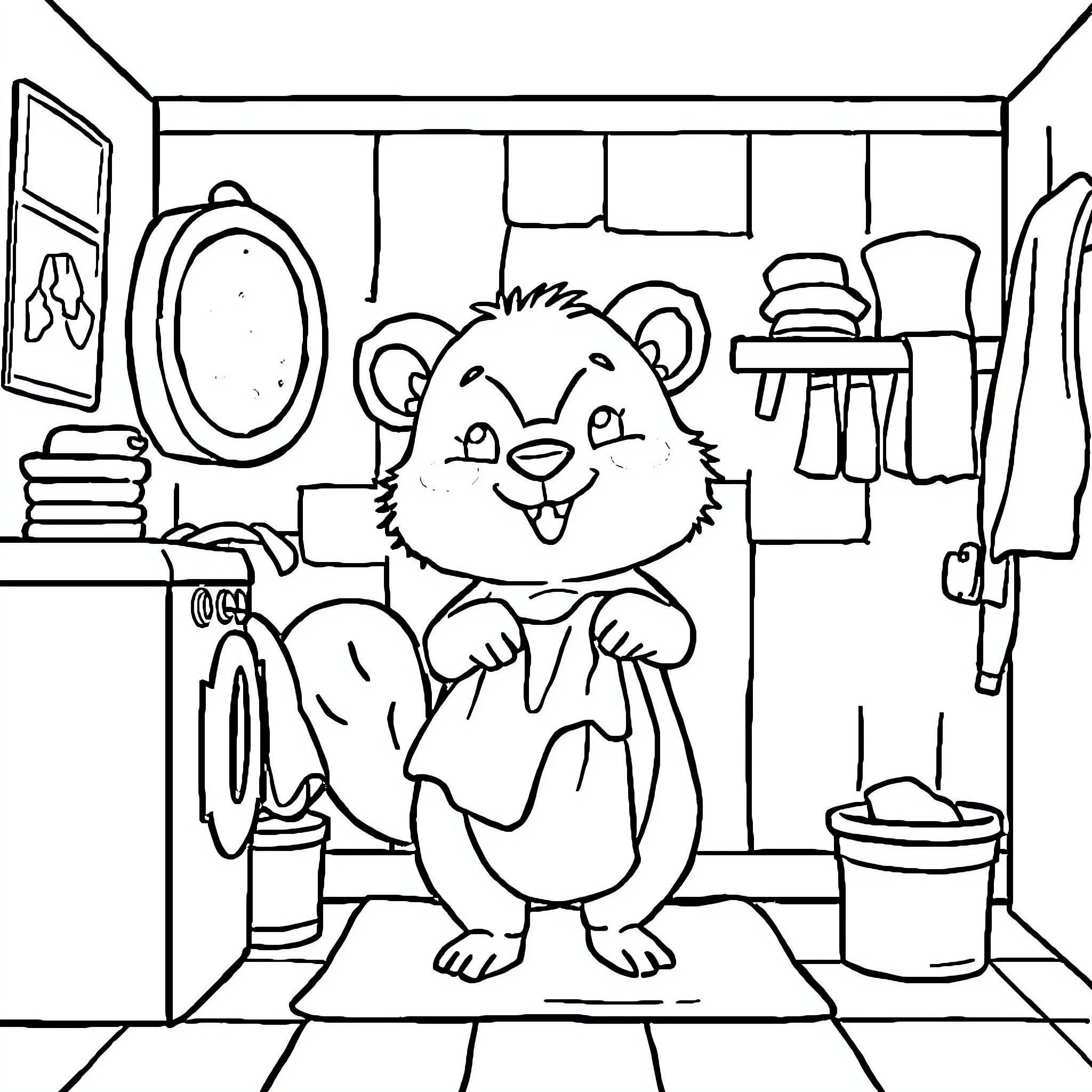 Animal doing laundry in bathroom Coloring Page (free black-and-white line drawing printable PDF for all, from beginners to advanced learners, including children, teens, adults, and seniors)