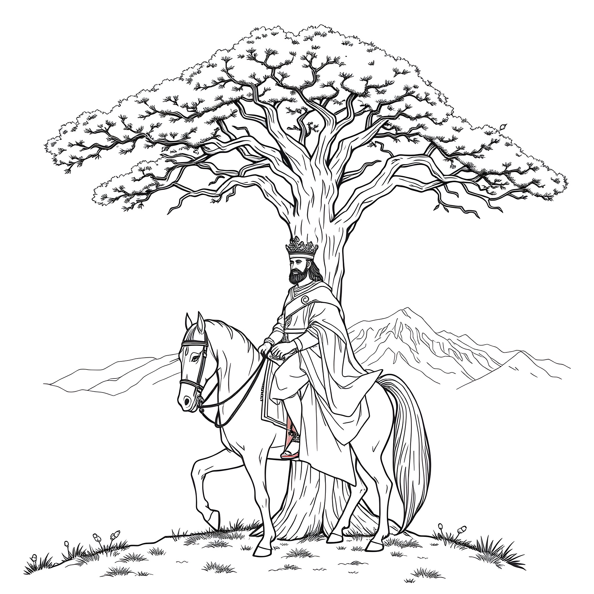 King Riding Horse Under Majestic Tree Coloring Page (free black-and-white line drawing printable PDF for all, from beginners to advanced learners, including children, teens, adults, and seniors)