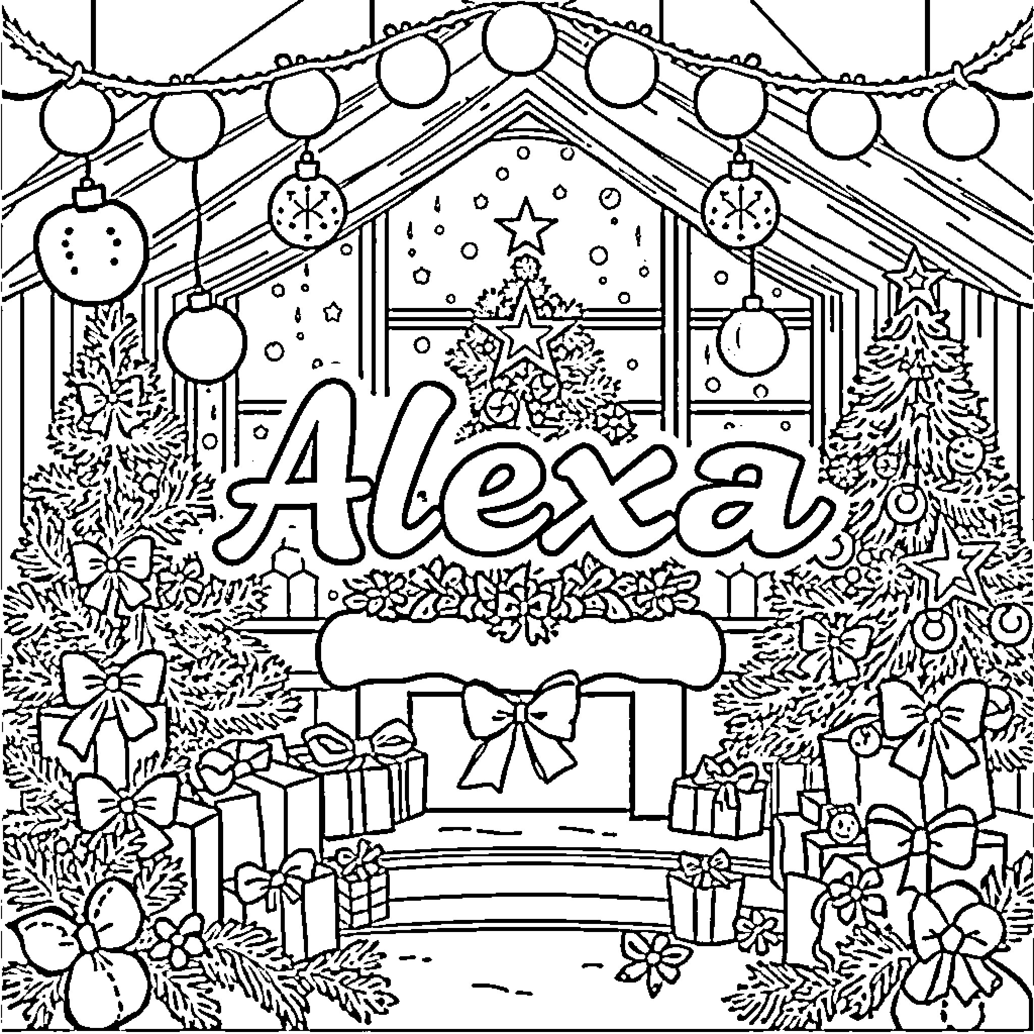 Christmas at Alexa's Winter Wonderland Coloring Page (free black-and-white line drawing printable PDF for all, from beginners to advanced learners, including children, teens, adults, and seniors)