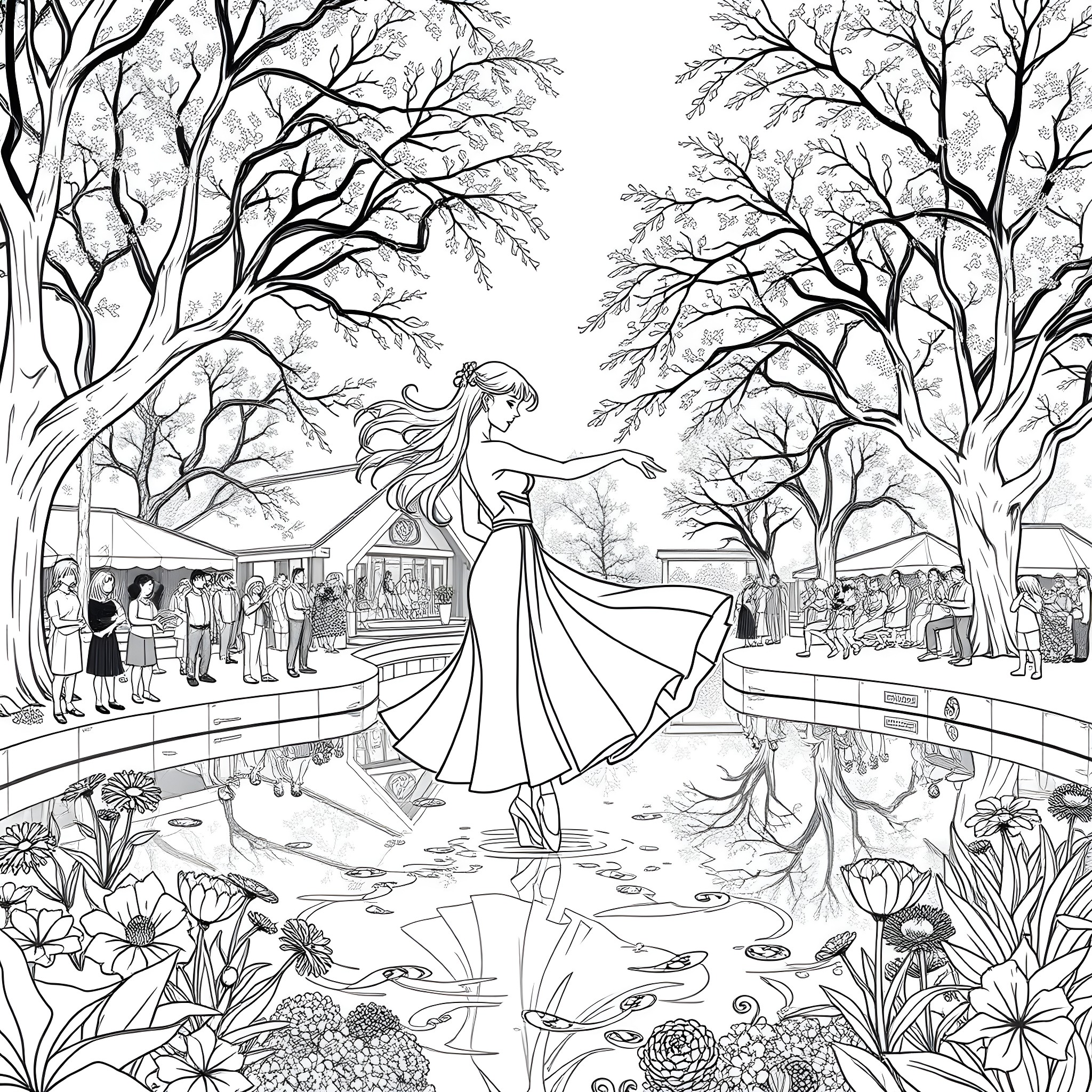 Human enjoying nature in the park Coloring Page (free black-and-white line drawing printable PDF for all, from beginners to advanced learners, including children, teens, adults, and seniors)
