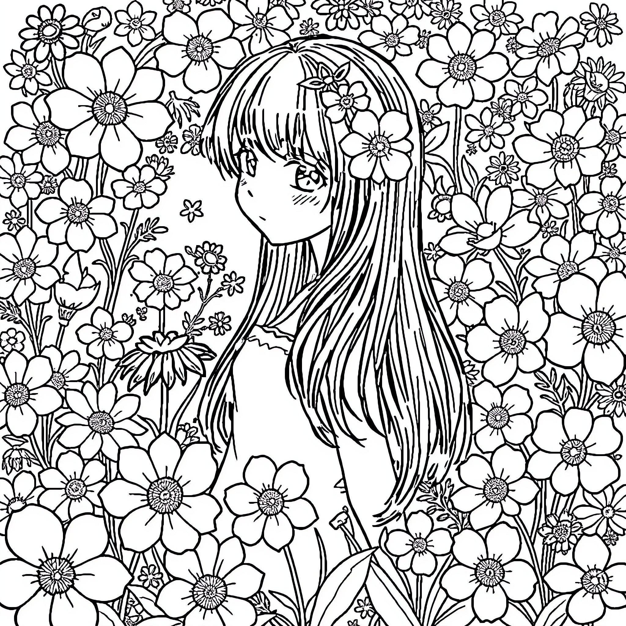 Anime Girl Surrounded by Vibrant Floral Patterns Coloring Page (free black-and-white line drawing printable PDF for all, from beginners to advanced learners, including children, teens, adults, and seniors)