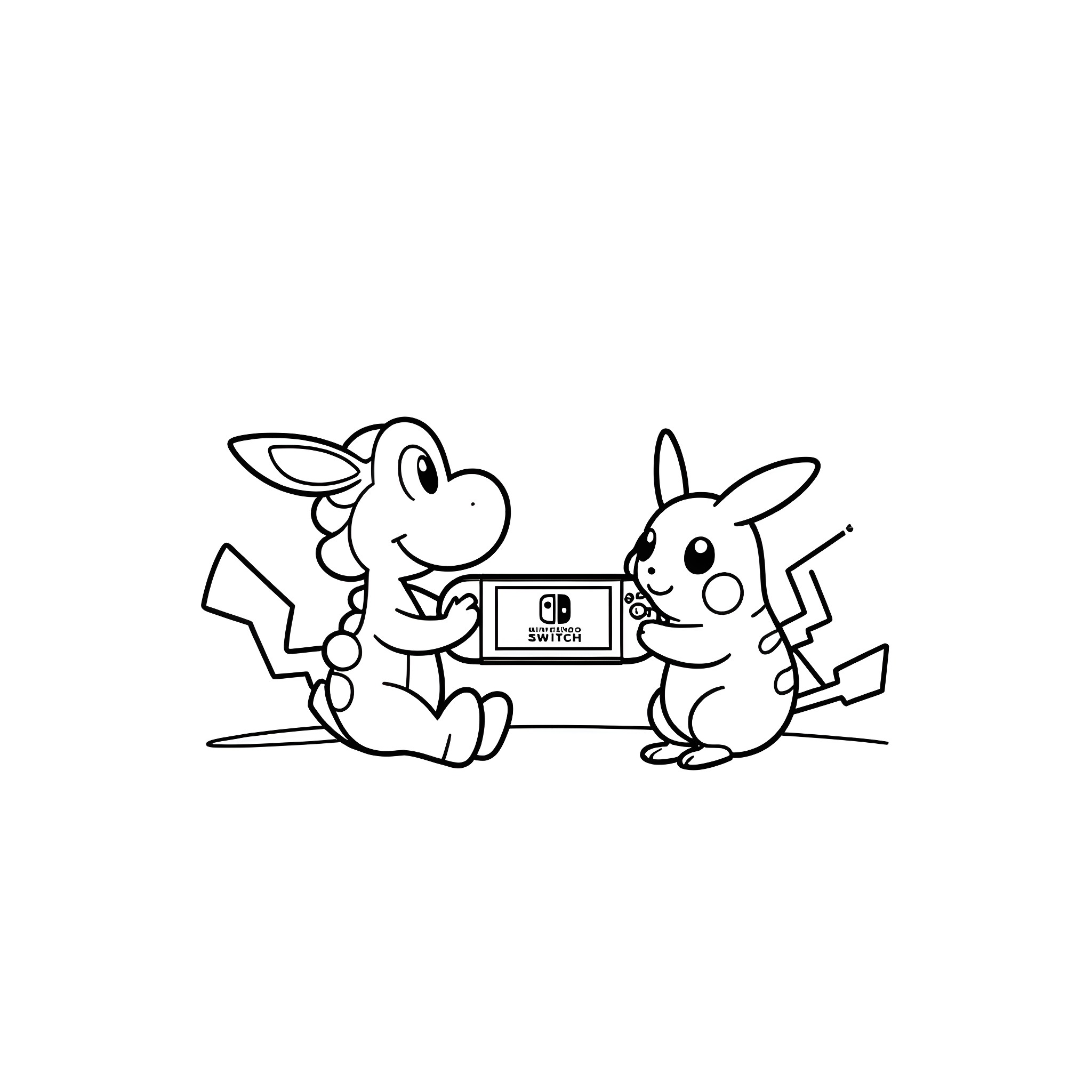 Yoshi and Pikachu playing video games together Coloring Page (free black-and-white line drawing printable PDF for all, from beginners to advanced learners, including children, teens, adults, and seniors)