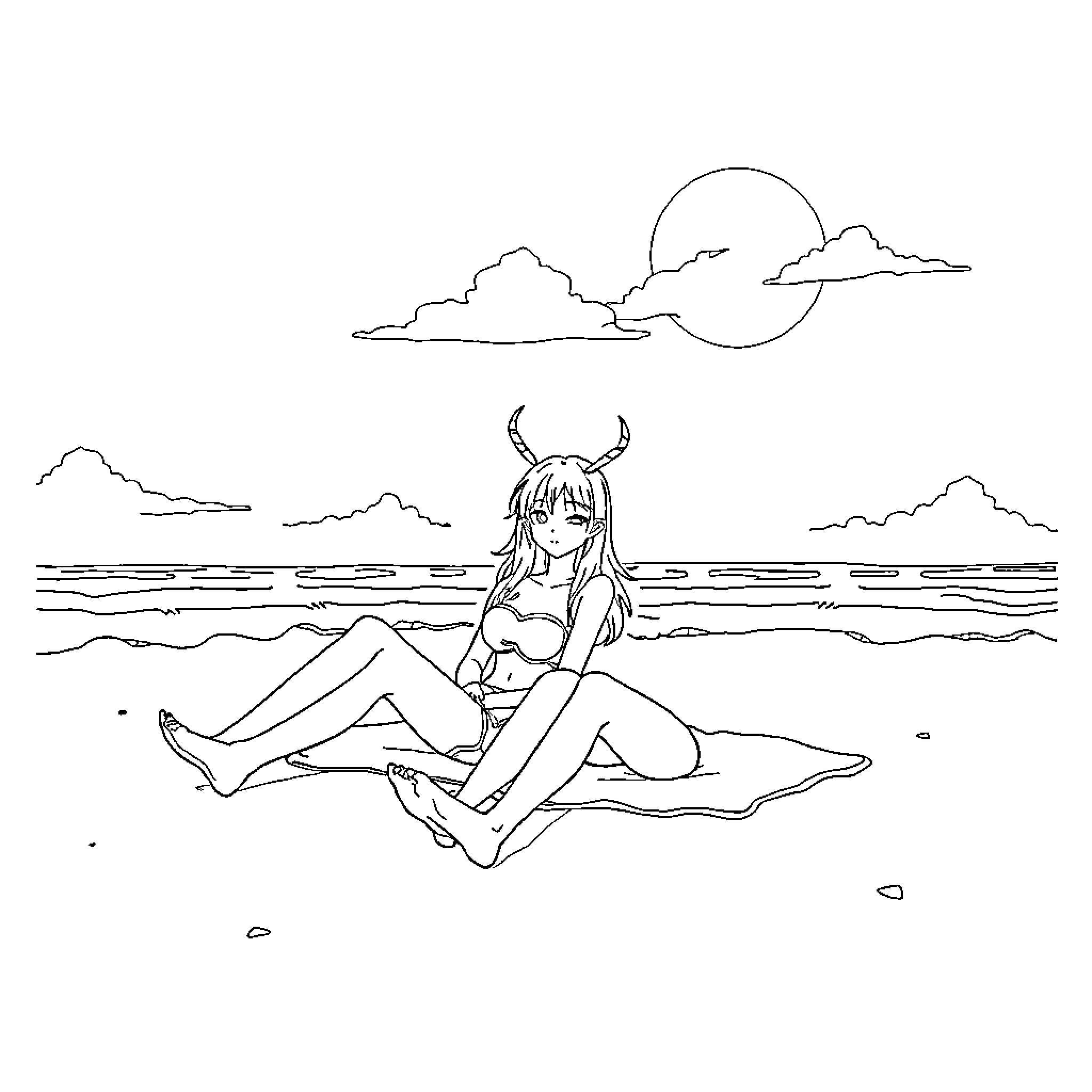 Jinu's Tranquil Beach Moment Coloring Page (free black-and-white line drawing printable PDF for all, from beginners to advanced learners, including children, teens, adults, and seniors)