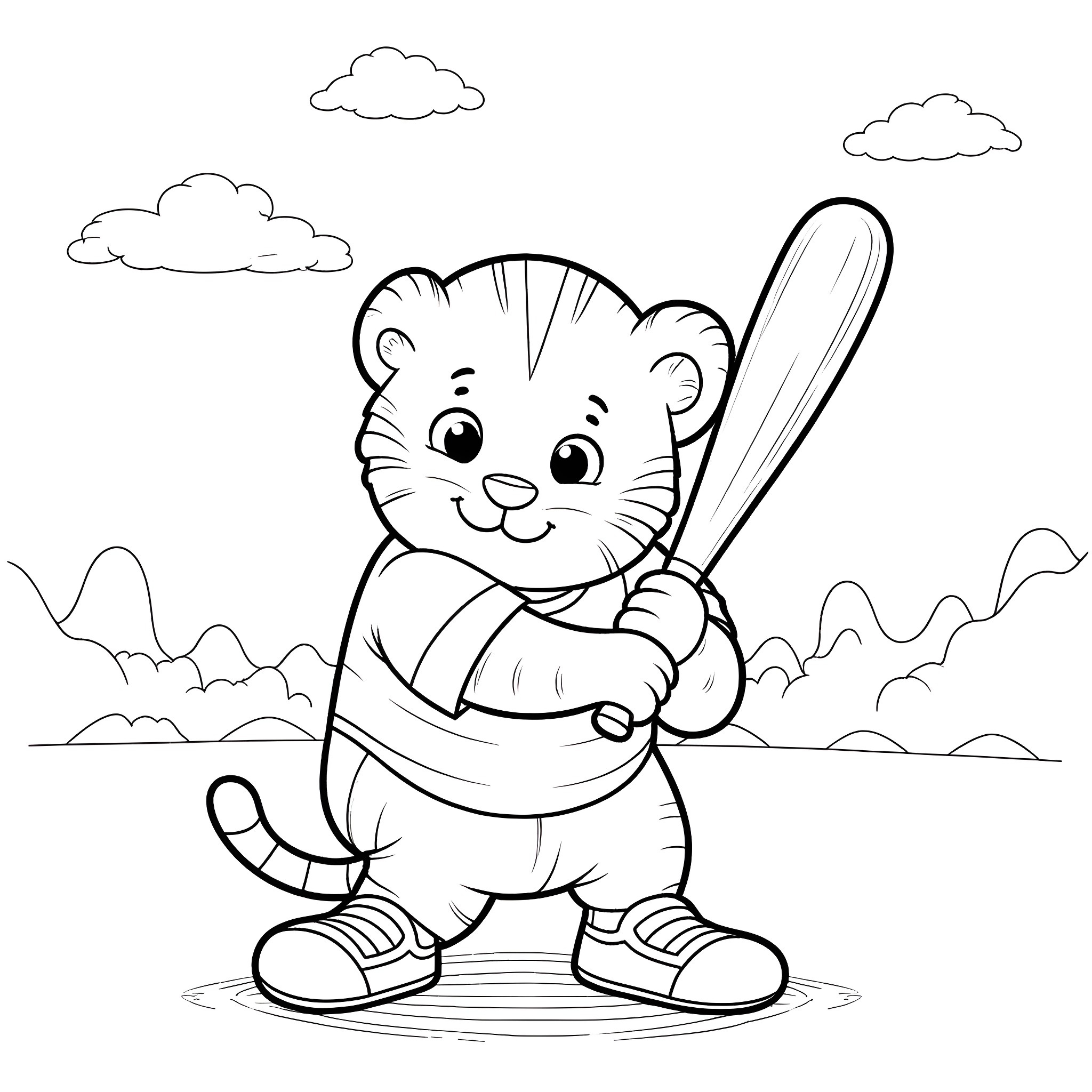 Daniel Tiger playing baseball in the park Coloring Page (free black-and-white line drawing printable PDF for all, from beginners to advanced learners, including children, teens, adults, and seniors)