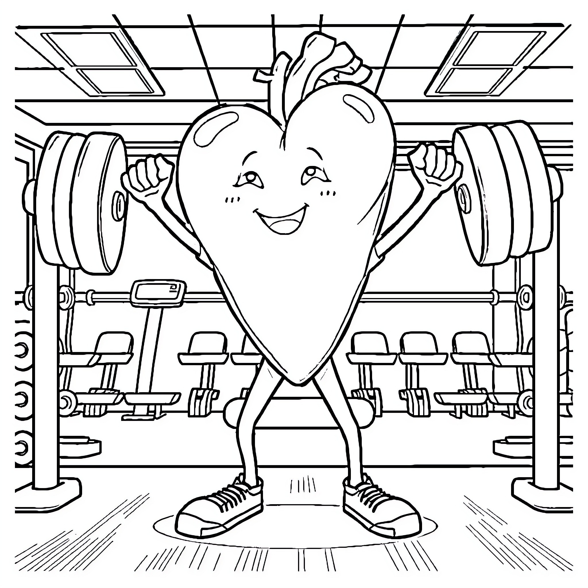 Heart Exercising Joyfully in the Gym Coloring Page (free black-and-white line drawing printable PDF for all, from beginners to advanced learners, including children, teens, adults, and seniors)