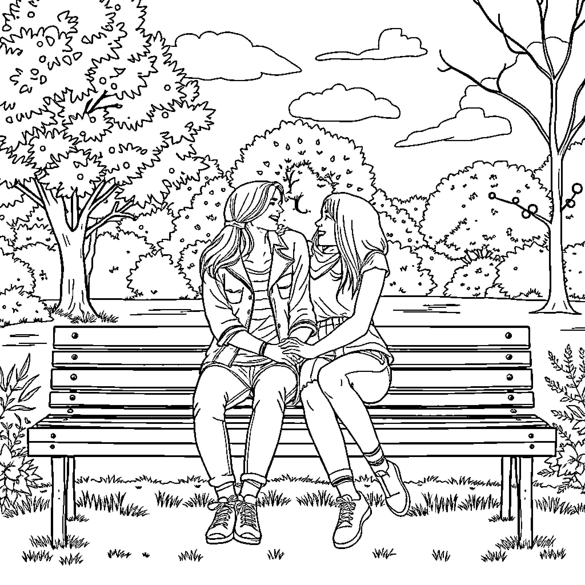 Couple enjoying a peaceful moment in the park Coloring Page (free black-and-white line drawing printable PDF for all, from beginners to advanced learners, including children, teens, adults, and seniors)