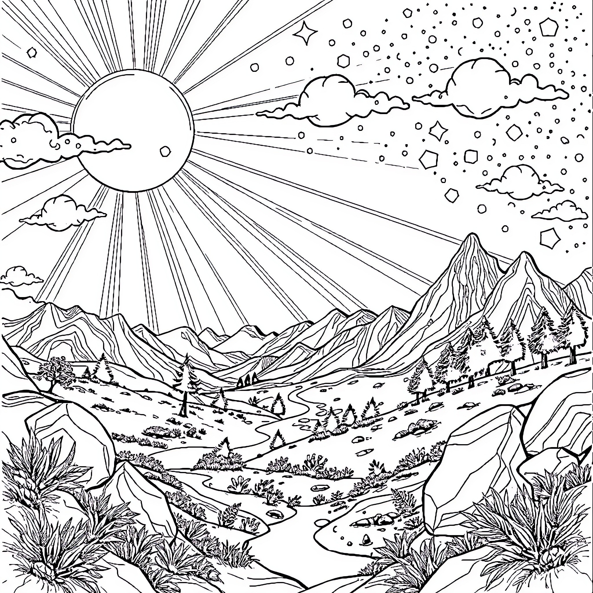 God's Luminous Landscape of Mountains and Skies Coloring Page (free black-and-white line drawing printable PDF for all, from beginners to advanced learners, including children, teens, adults, and seniors)