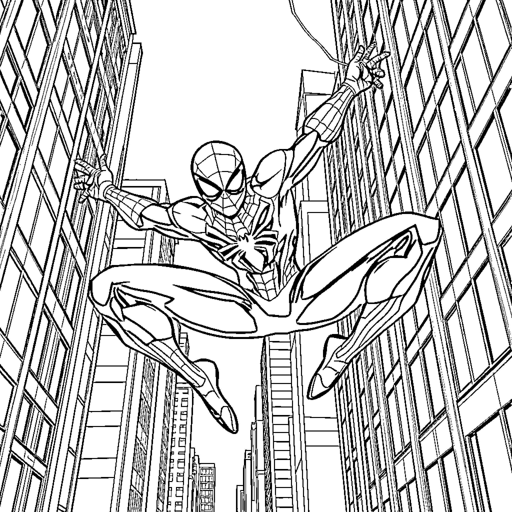 Spiderman swinging through the city skyline Coloring Page (free black-and-white line drawing printable PDF for all, from beginners to advanced learners, including children, teens, adults, and seniors)