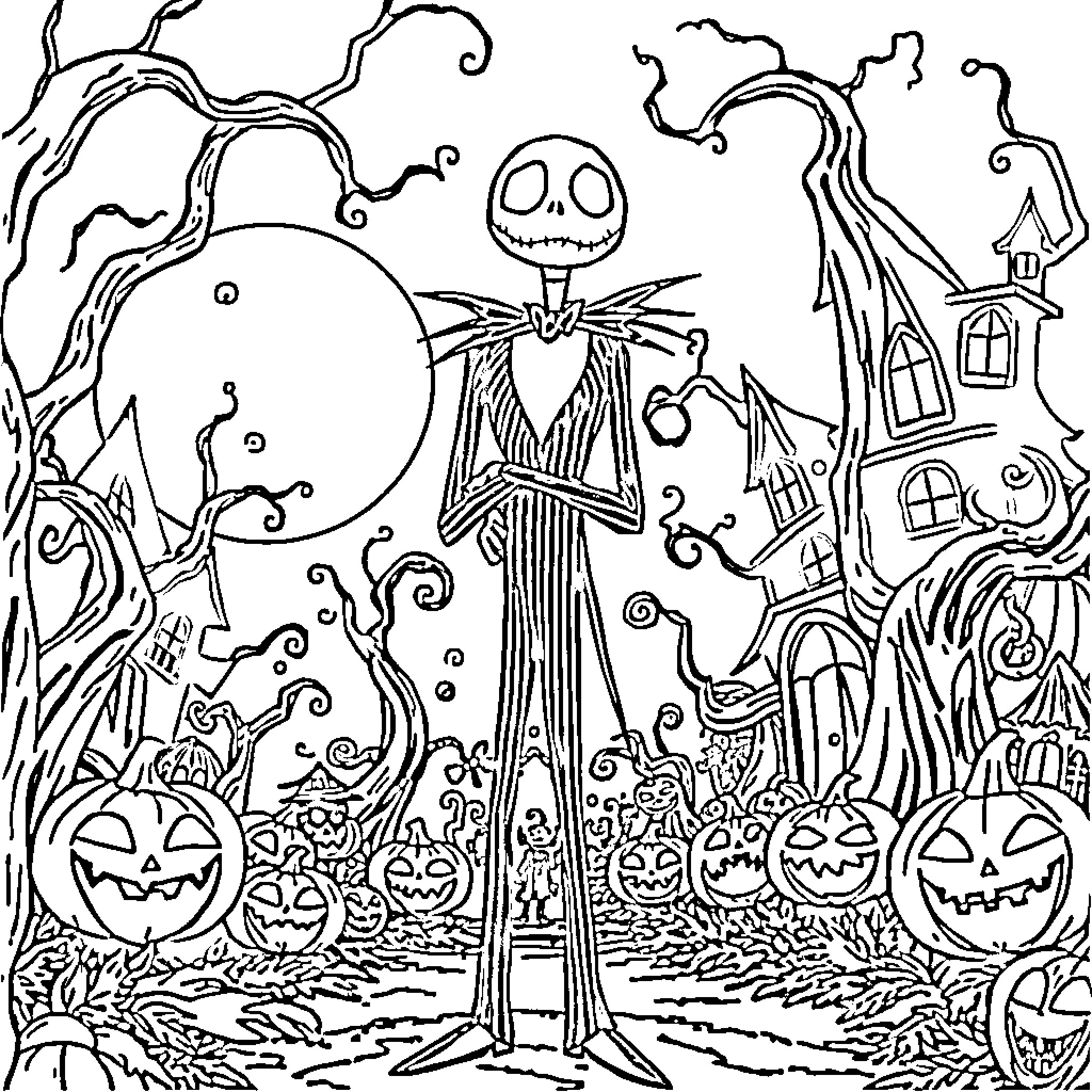 Jack Skellington's Halloween Nightmare Adventure Coloring Page (free black-and-white line drawing printable PDF for all, from beginners to advanced learners, including children, teens, adults, and seniors)