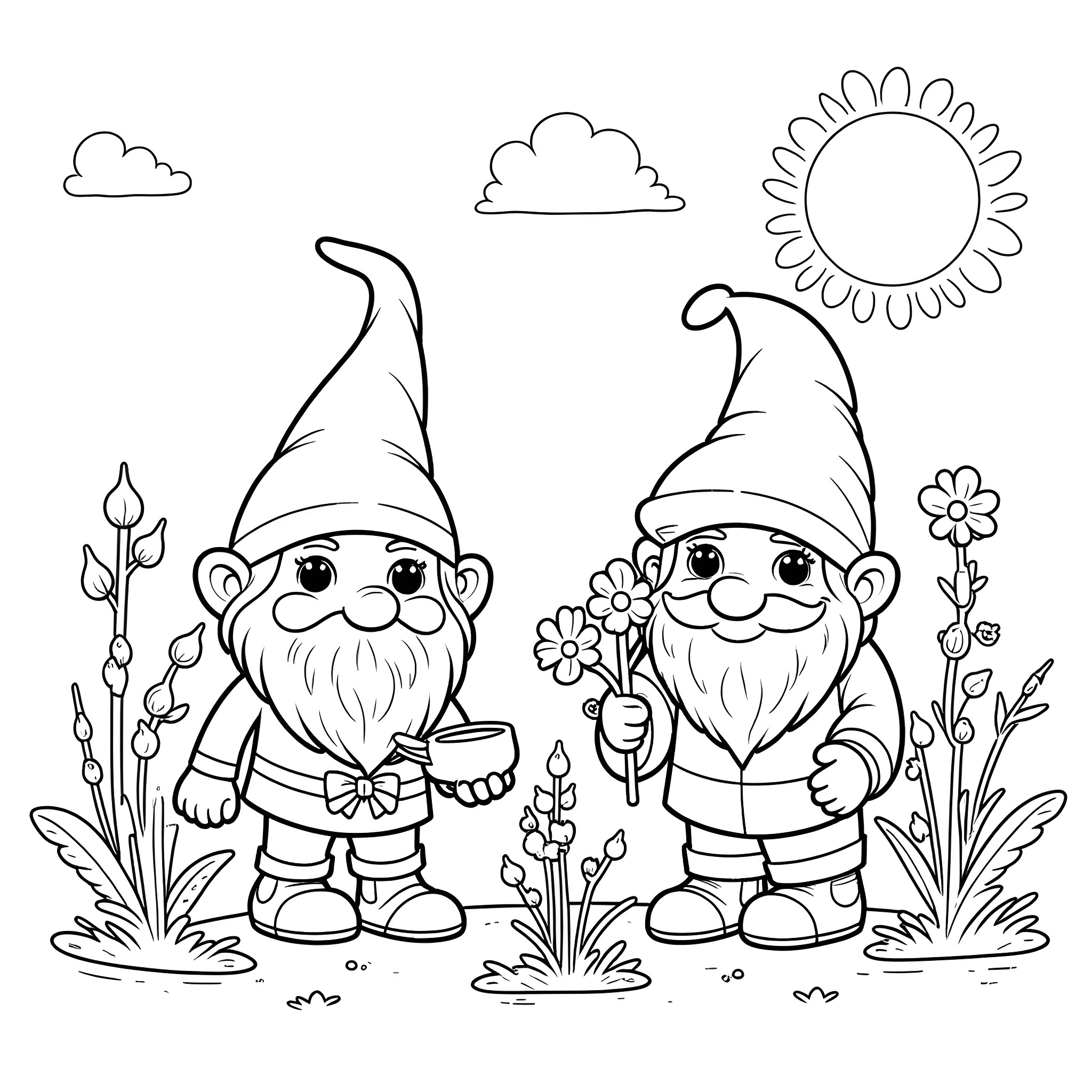 Gnome couple exploring nature with flowers and sunshine Coloring Page (free black-and-white line drawing printable PDF for all, from beginners to advanced learners, including children, teens, adults, and seniors)