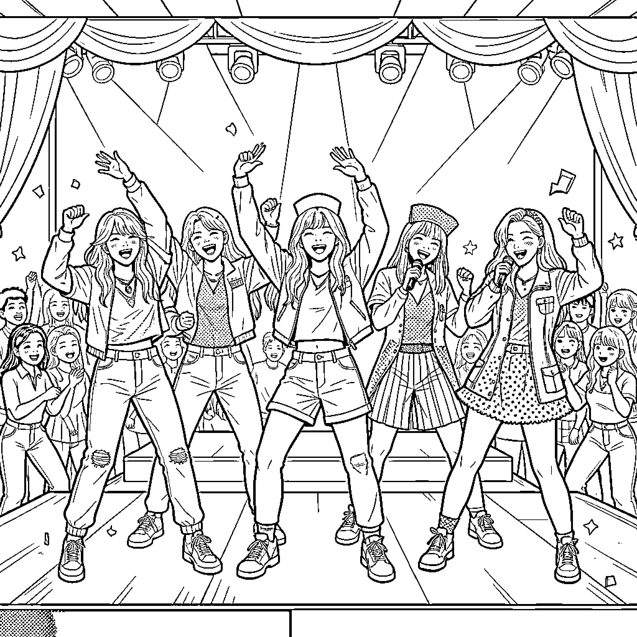 Kpop idols performing energetically on a concert stage Coloring Page (free black-and-white line drawing printable PDF for all, from beginners to advanced learners, including children, teens, adults, and seniors)