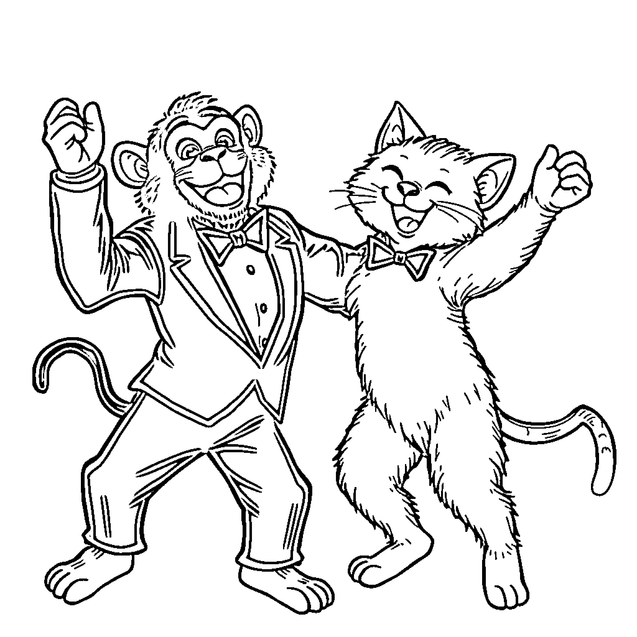 Cat and monkey dancing in fancy outfits Coloring Page (free black-and-white line drawing printable PDF for all, from beginners to advanced learners, including children, teens, adults, and seniors)