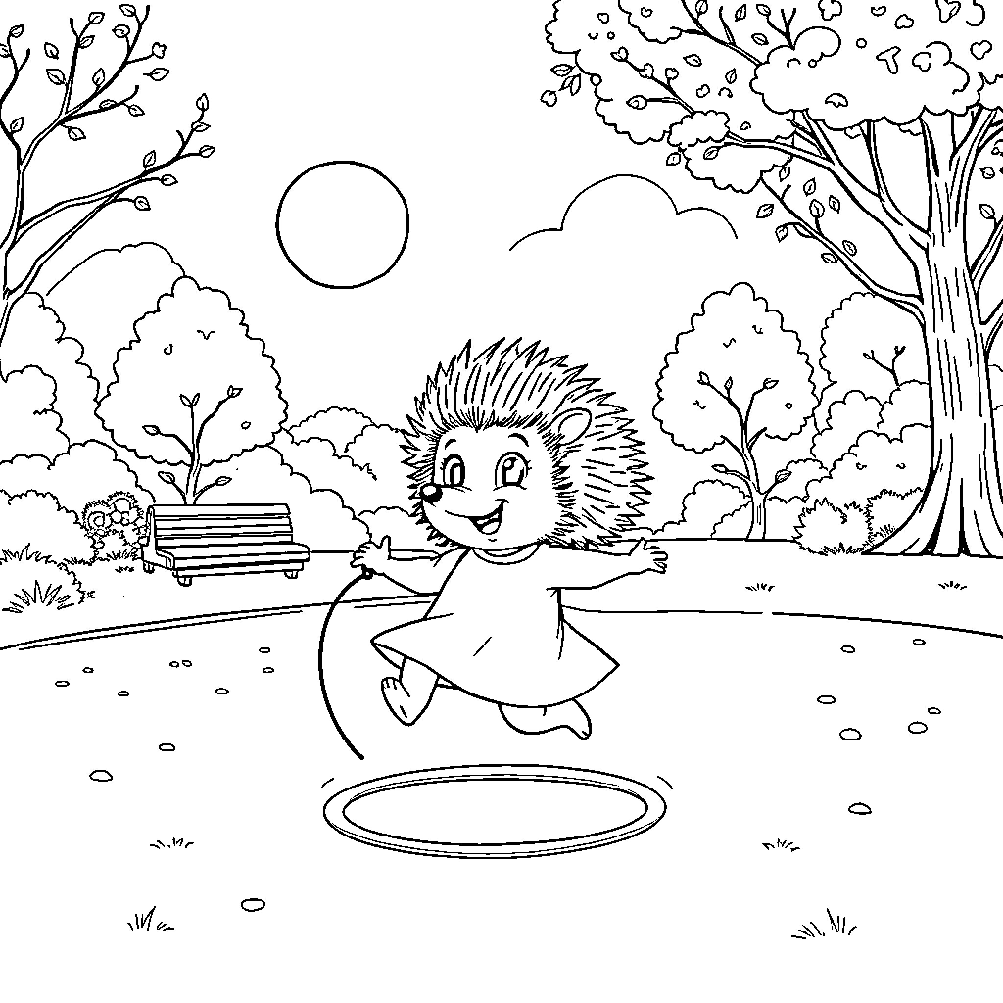 Hedgehog happily playing in the park Coloring Page (free black-and-white line drawing printable PDF for all, from beginners to advanced learners, including children, teens, adults, and seniors)