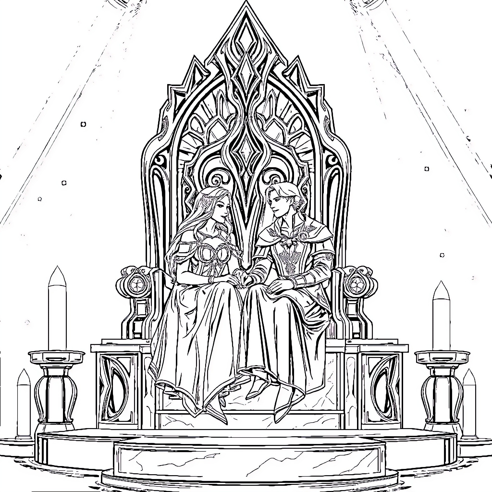 Aelin and Rowan ruling the throne together Coloring Page (free black-and-white line drawing printable PDF for all, from beginners to advanced learners, including children, teens, adults, and seniors)