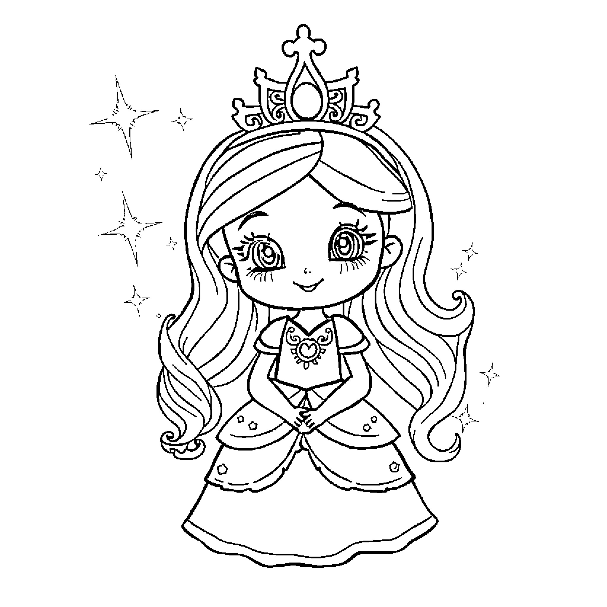 Princess in a Sparkling Dress and Crown Coloring Page (free black-and-white line drawing printable PDF for all, from beginners to advanced learners, including children, teens, adults, and seniors)