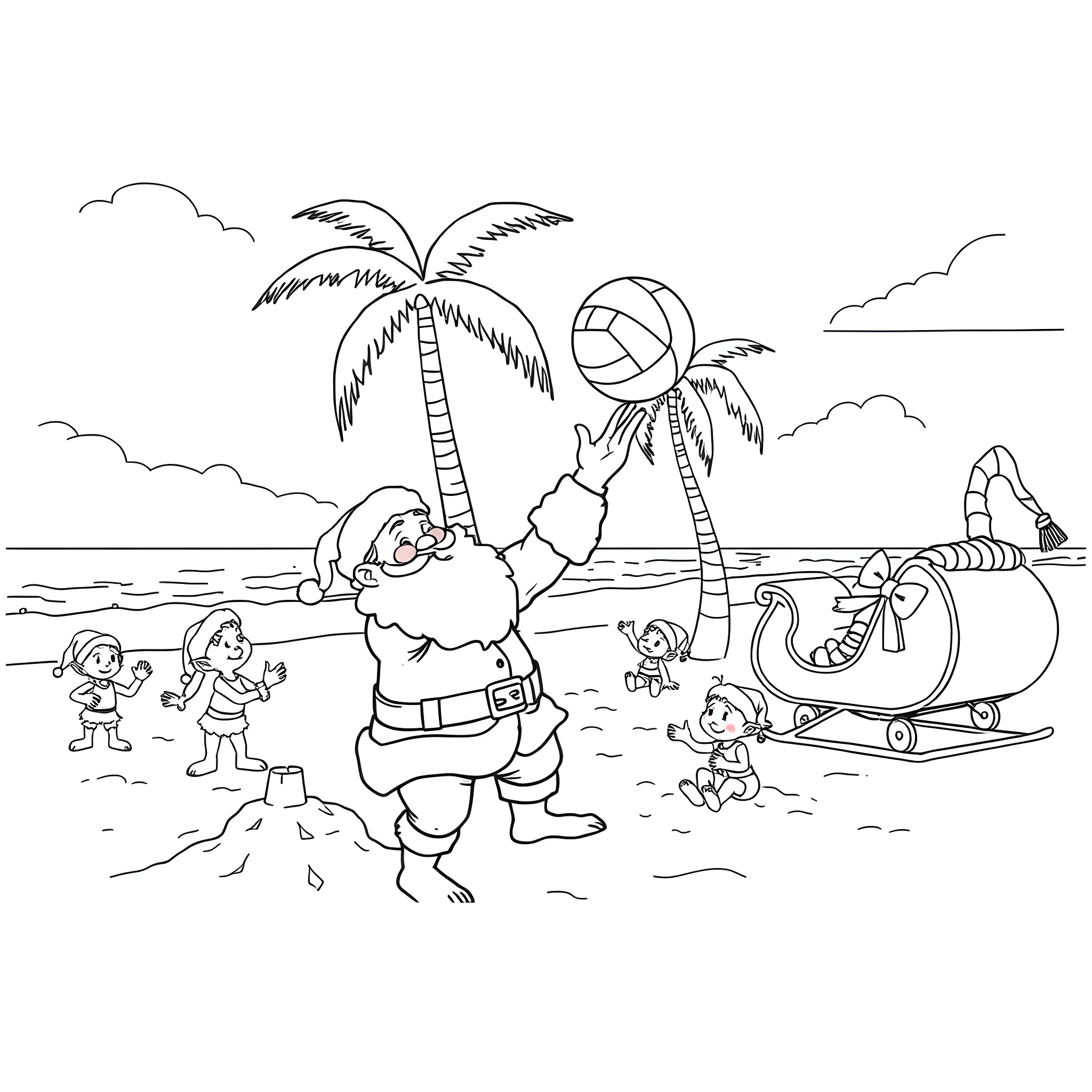 Santa's tropical island vacation with helpers Coloring Page (free black-and-white line drawing printable PDF for all, from beginners to advanced learners, including children, teens, adults, and seniors)