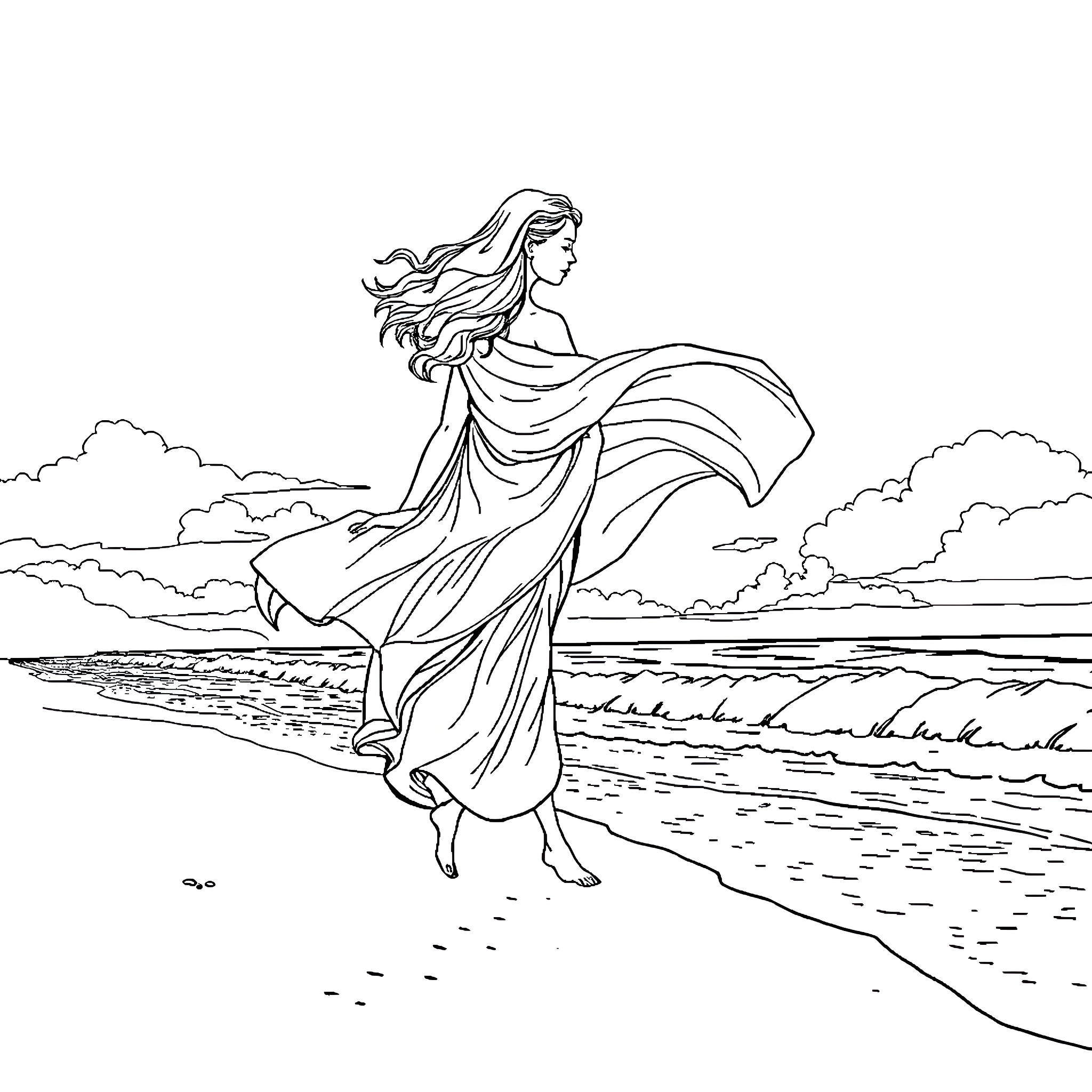 Woman dancing gracefully on the beach Coloring Page (free black-and-white line drawing printable PDF for all, from beginners to advanced learners, including children, teens, adults, and seniors)