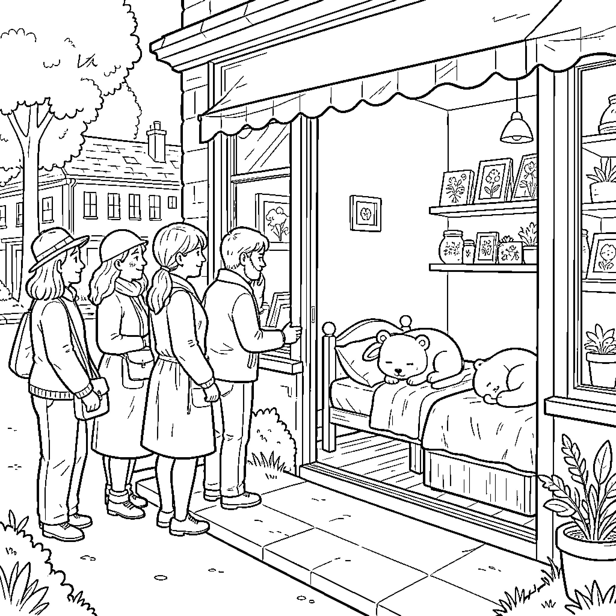 Shop customers admiring cute teddy bears in a window Coloring Page (free black-and-white line drawing printable PDF for all, from beginners to advanced learners, including children, teens, adults, and seniors)