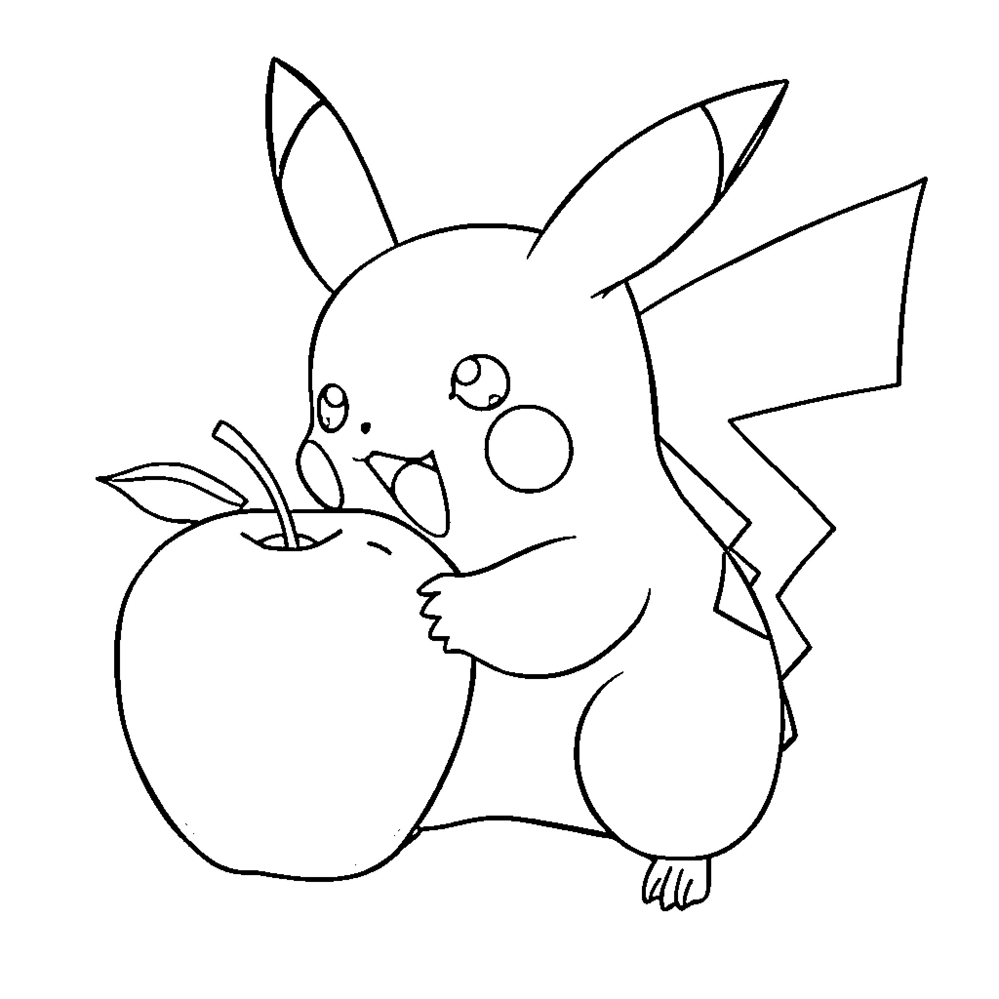 Pikachu enjoying a sweet apple Coloring Page (free black-and-white line drawing printable PDF for all, from beginners to advanced learners, including children, teens, adults, and seniors)