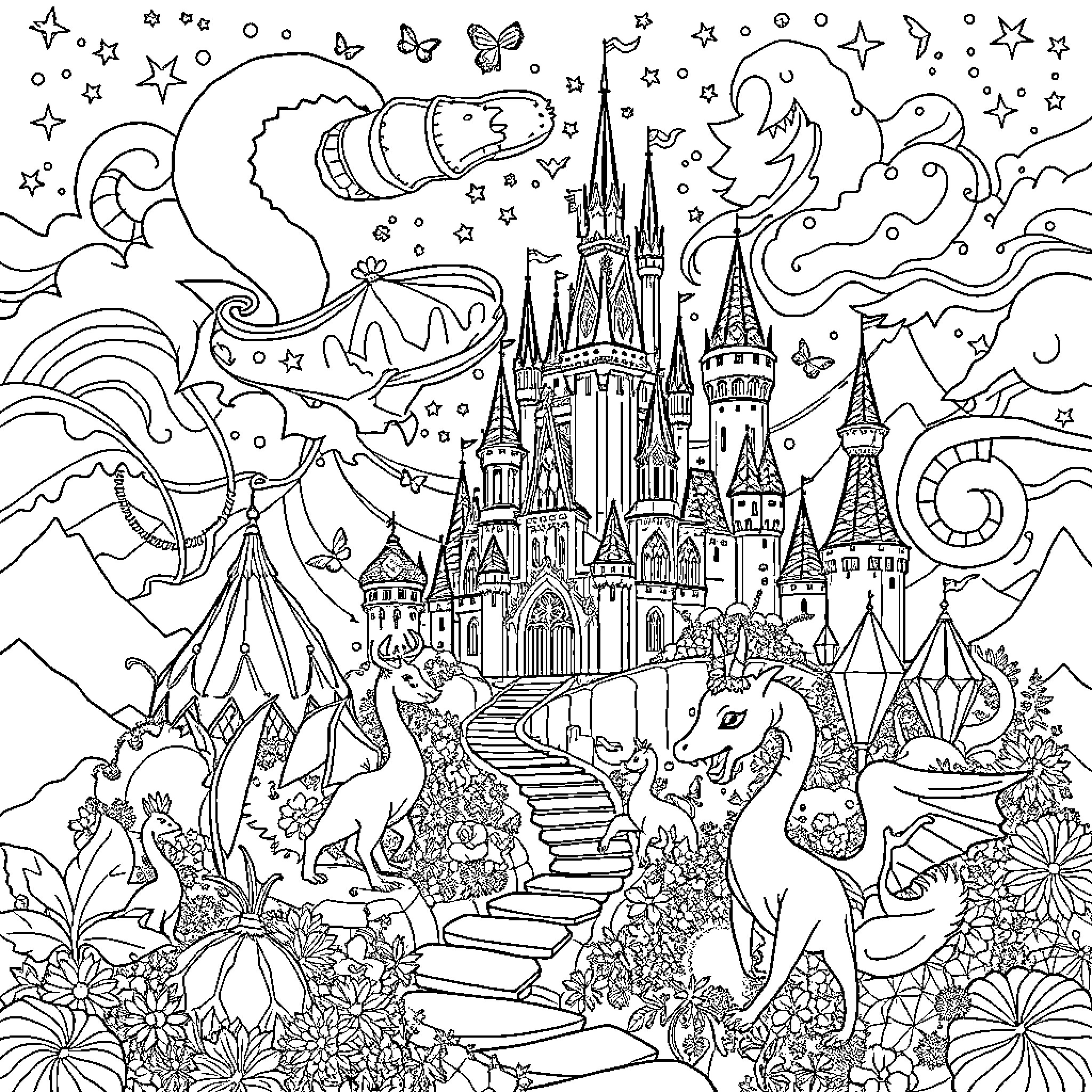 Fantasy World of Magical Castles and Mythical Creatures Coloring Page (free black-and-white line drawing printable PDF for all, from beginners to advanced learners, including children, teens, adults, and seniors)