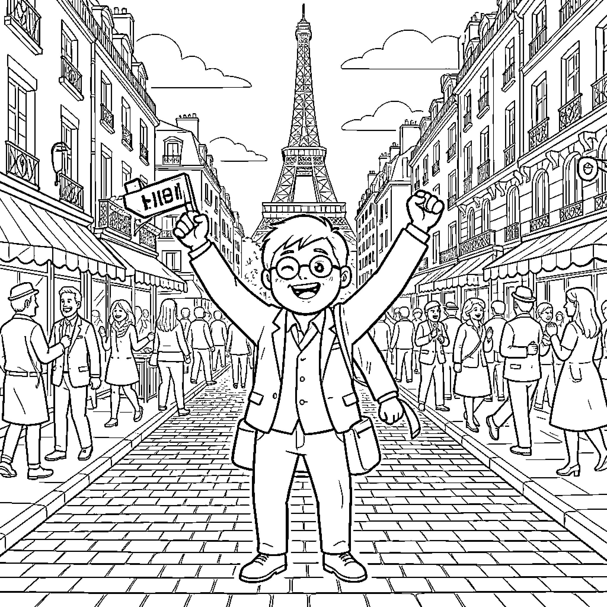 Supporter cheering enthusiastically in a busy city street Coloring Page (free black-and-white line drawing printable PDF for all, from beginners to advanced learners, including children, teens, adults, and seniors)