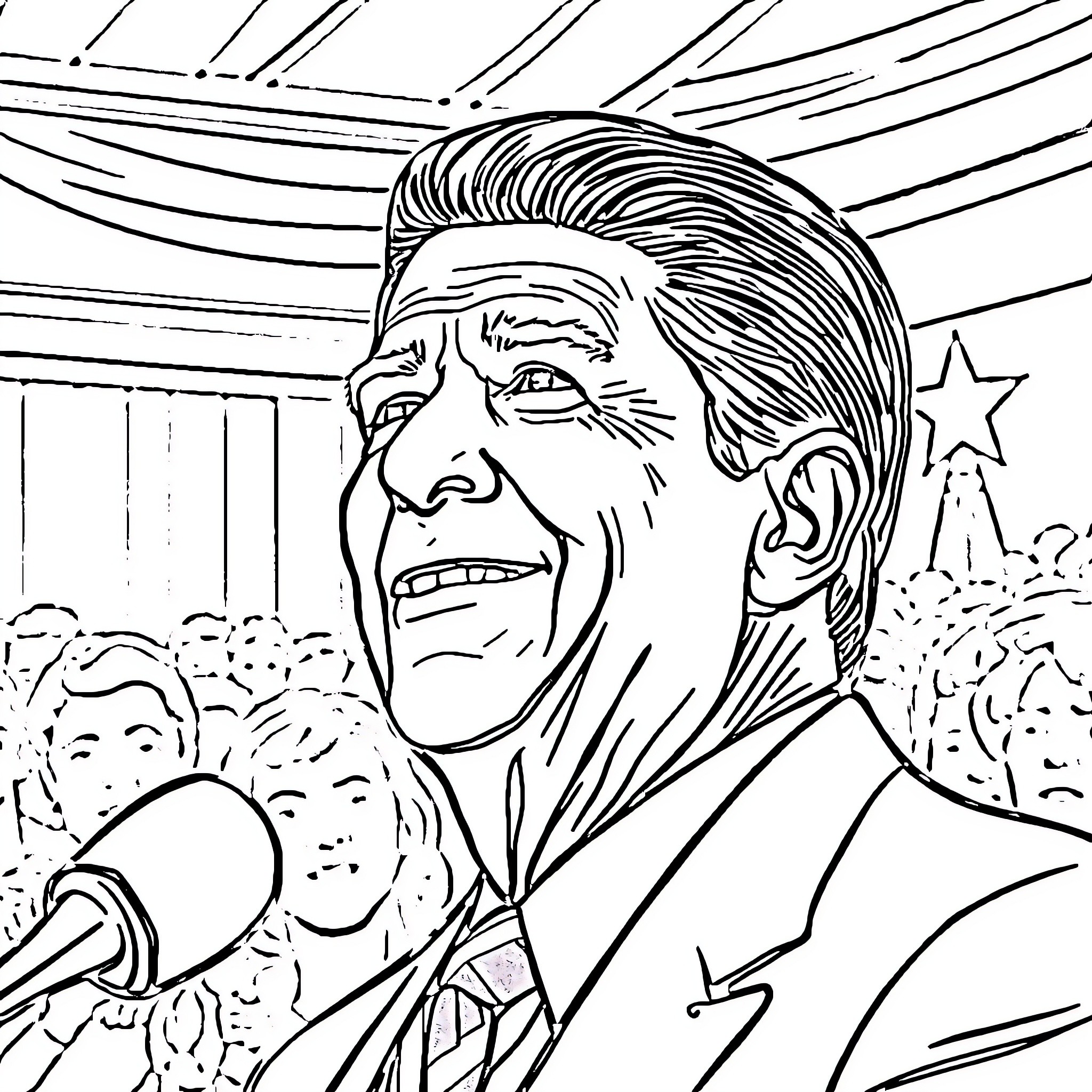 Ronald cheering passionately on stage Coloring Page (free black-and-white line drawing printable PDF for all, from beginners to advanced learners, including children, teens, adults, and seniors)