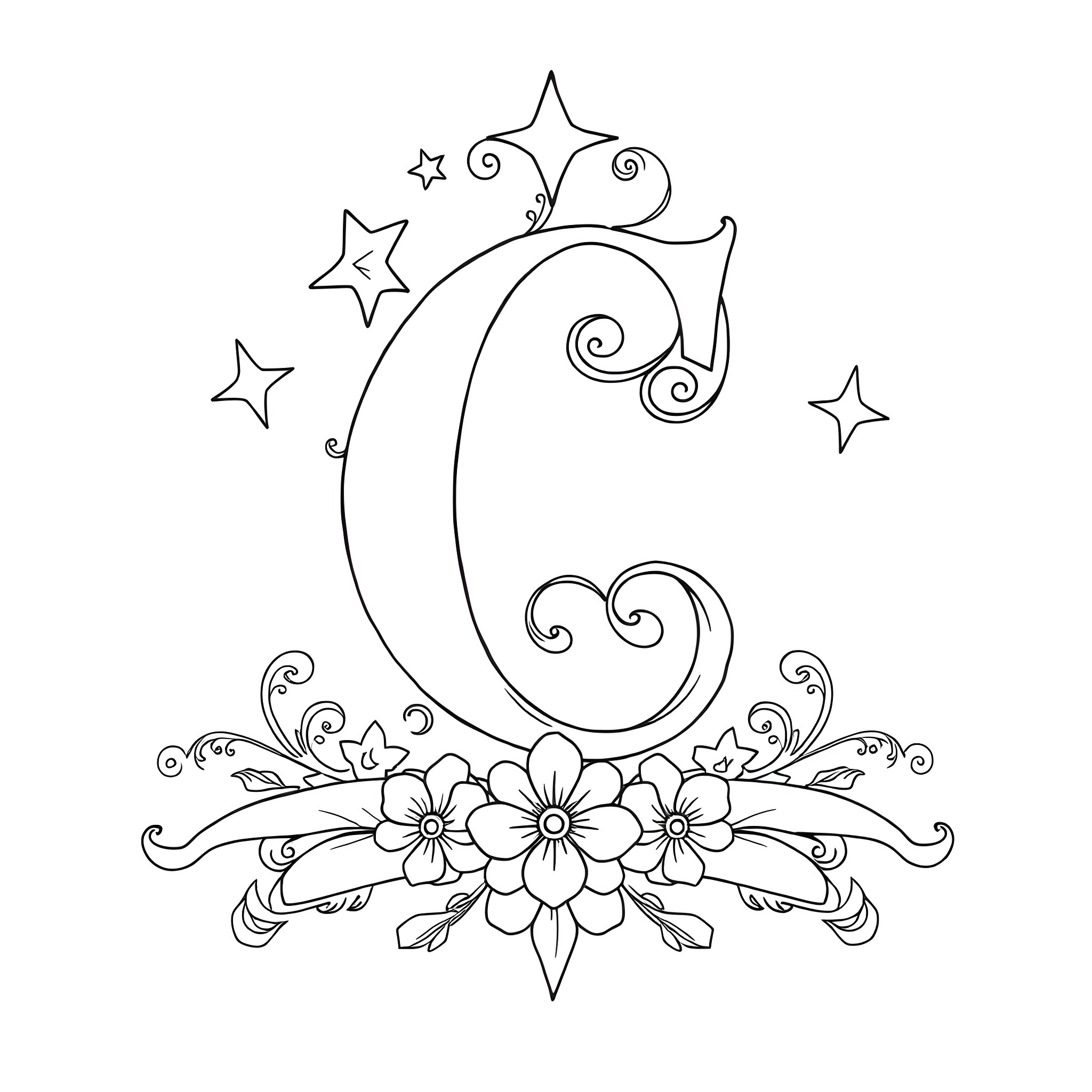 Letter C with Swirls, Flowers, and Stars Coloring Page (free black-and-white line drawing printable PDF for all, from beginners to advanced learners, including children, teens, adults, and seniors)