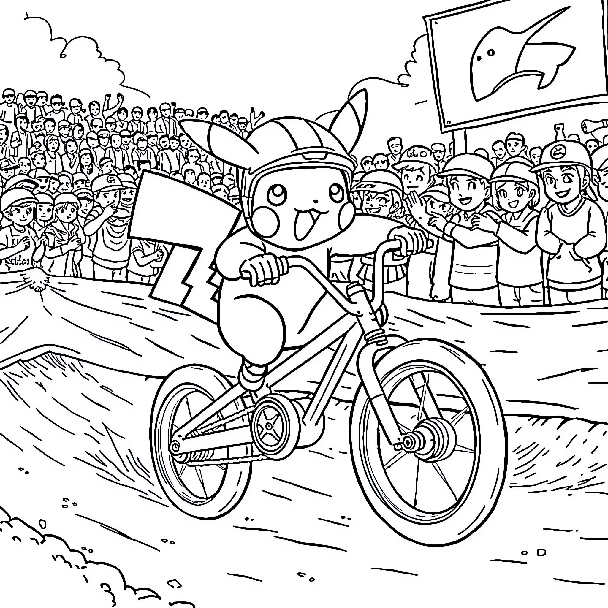 Pikachu Enjoys a Bicycle Race with Enthusiastic Crowd Coloring Page (free black-and-white line drawing printable PDF for all, from beginners to advanced learners, including children, teens, adults, and seniors)