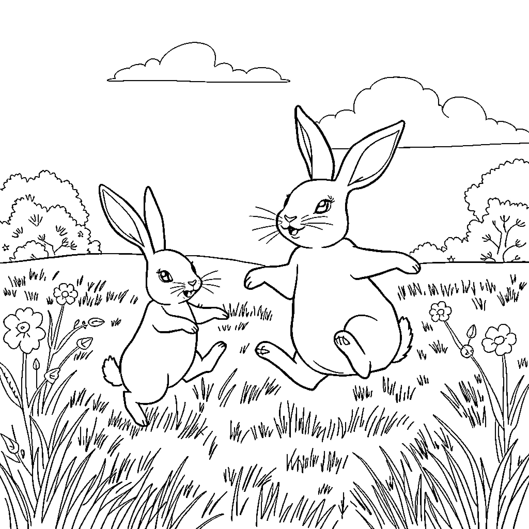 Rabbit Hopping Happily Through the Meadow Coloring Page (free black-and-white line drawing printable PDF for all, from beginners to advanced learners, including children, teens, adults, and seniors)